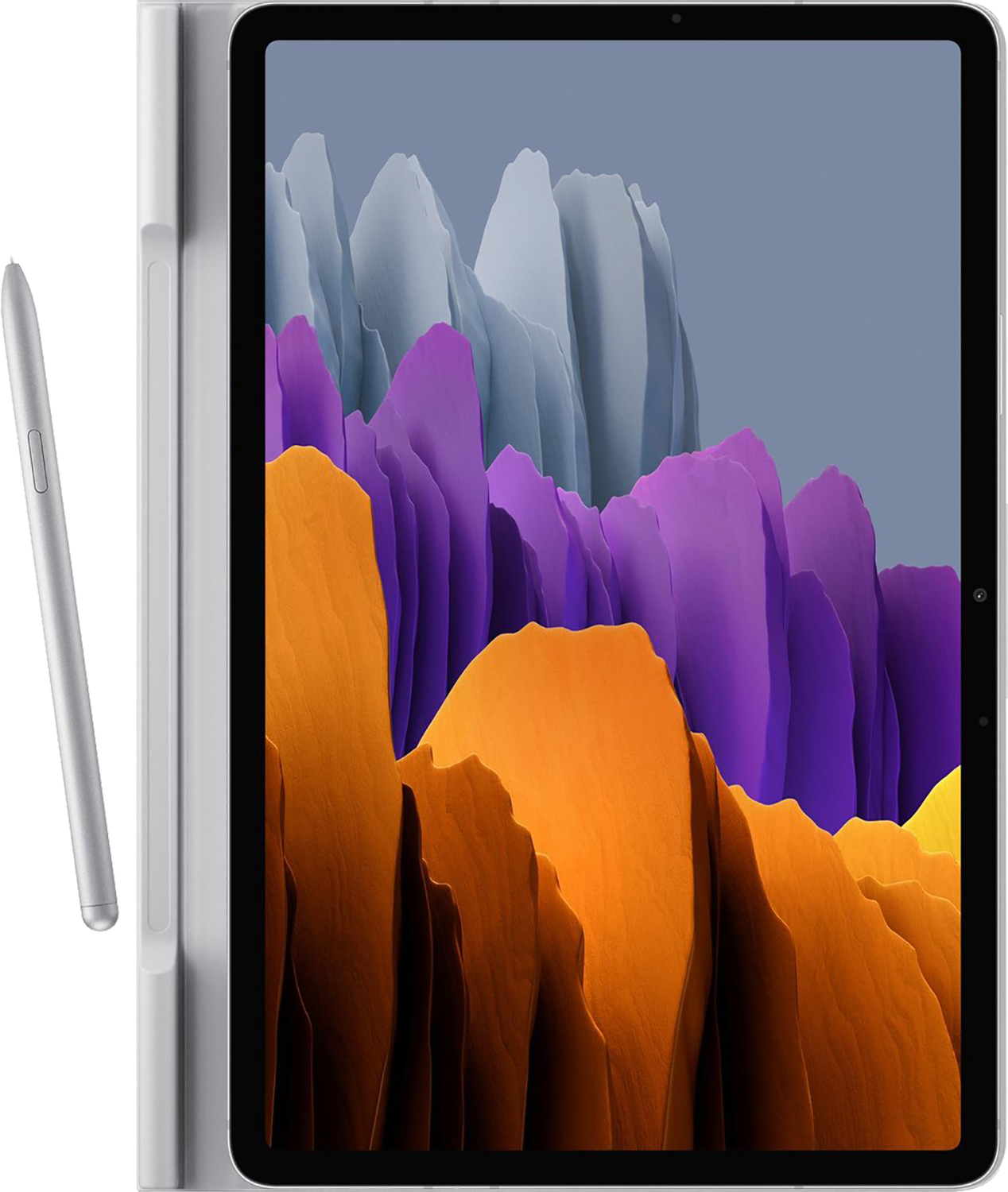 Tablet z rysikiem, szare etui. Ekran wyświetla kolorowy, abstrakcyjny krajobraz.