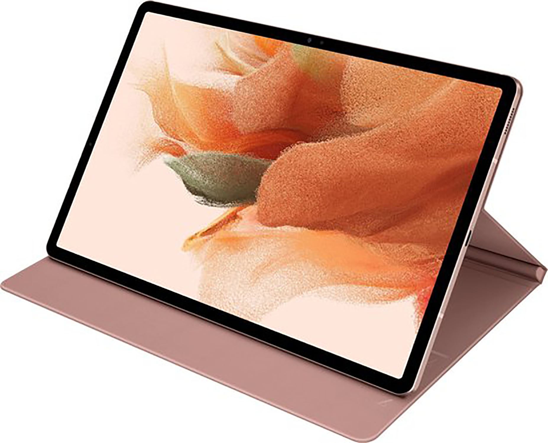 Un tablet color rosa con una cover rosa. Lo schermo mostra un design astratto. La cover è aperta.