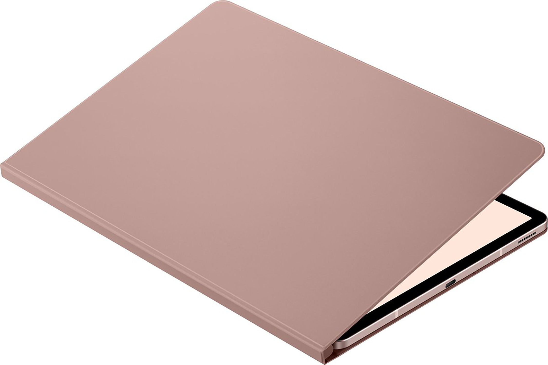 Una custodia per tablet color oro rosa, parzialmente aperta, che mostra il tablet all'interno.