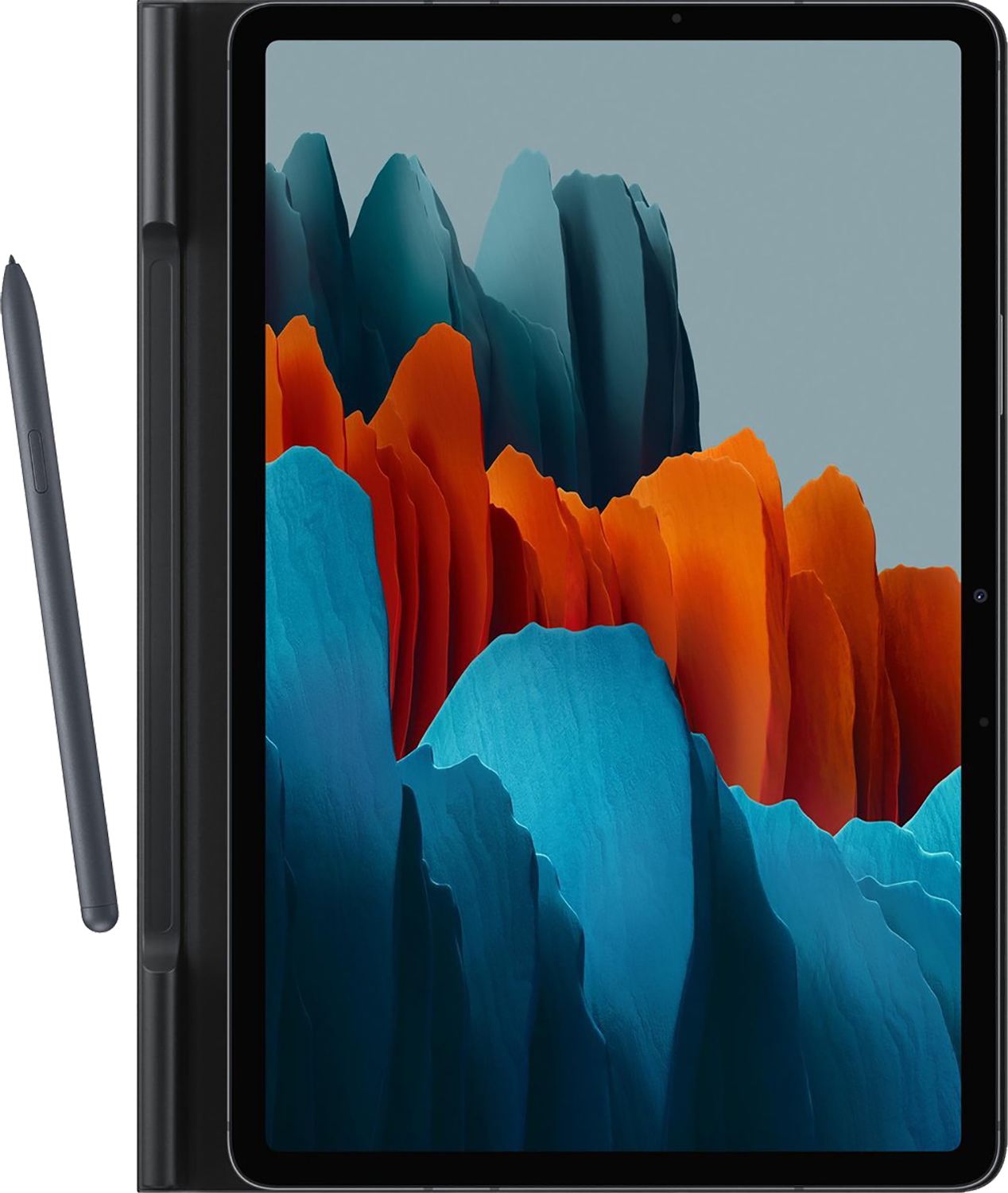 Tableta negra con lápiz y funda. La pantalla muestra diseño abstracto naranja y azul.