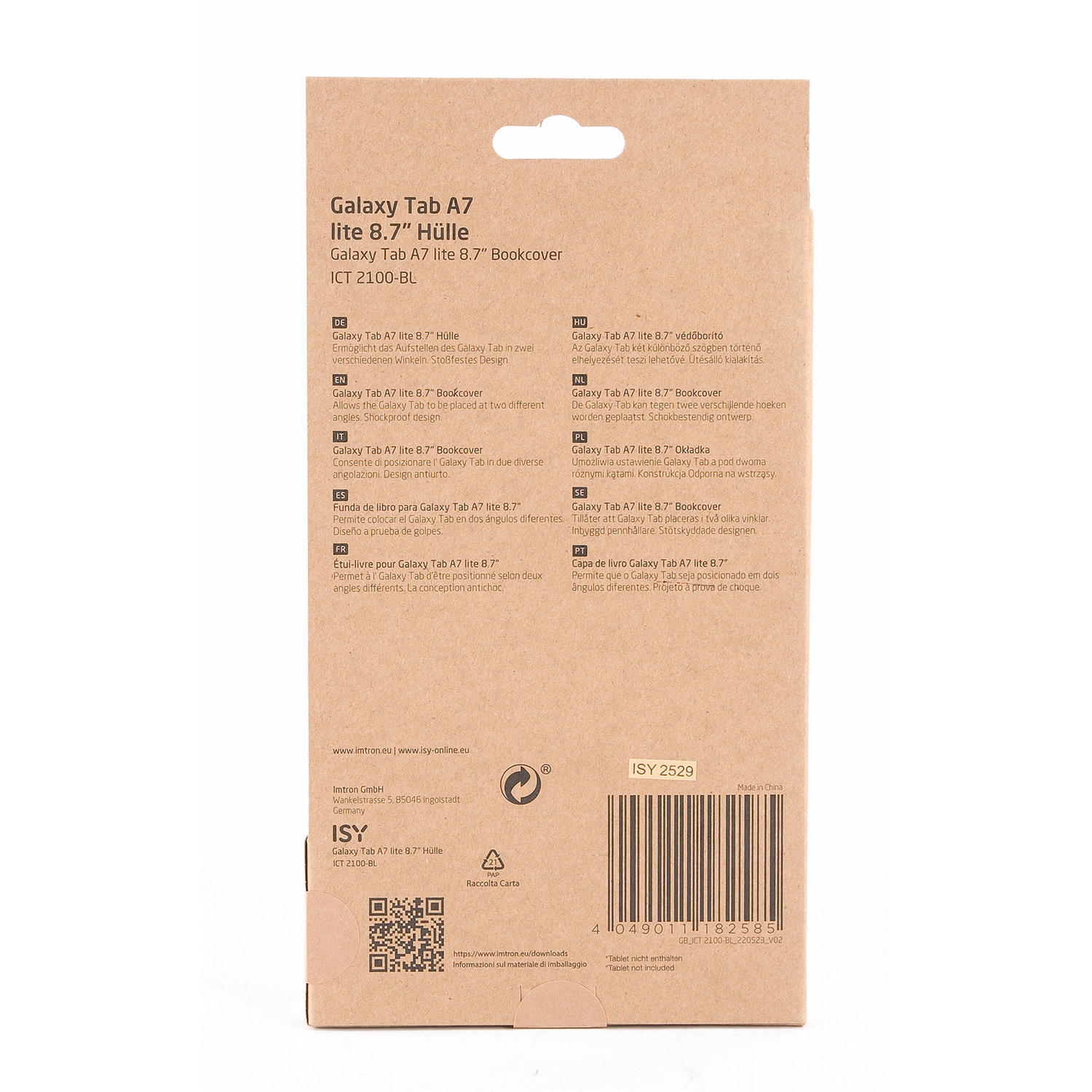 Tablethüllenverpackung mit Produktinfo und Barcode. Die Verpackung ist geöffnet.