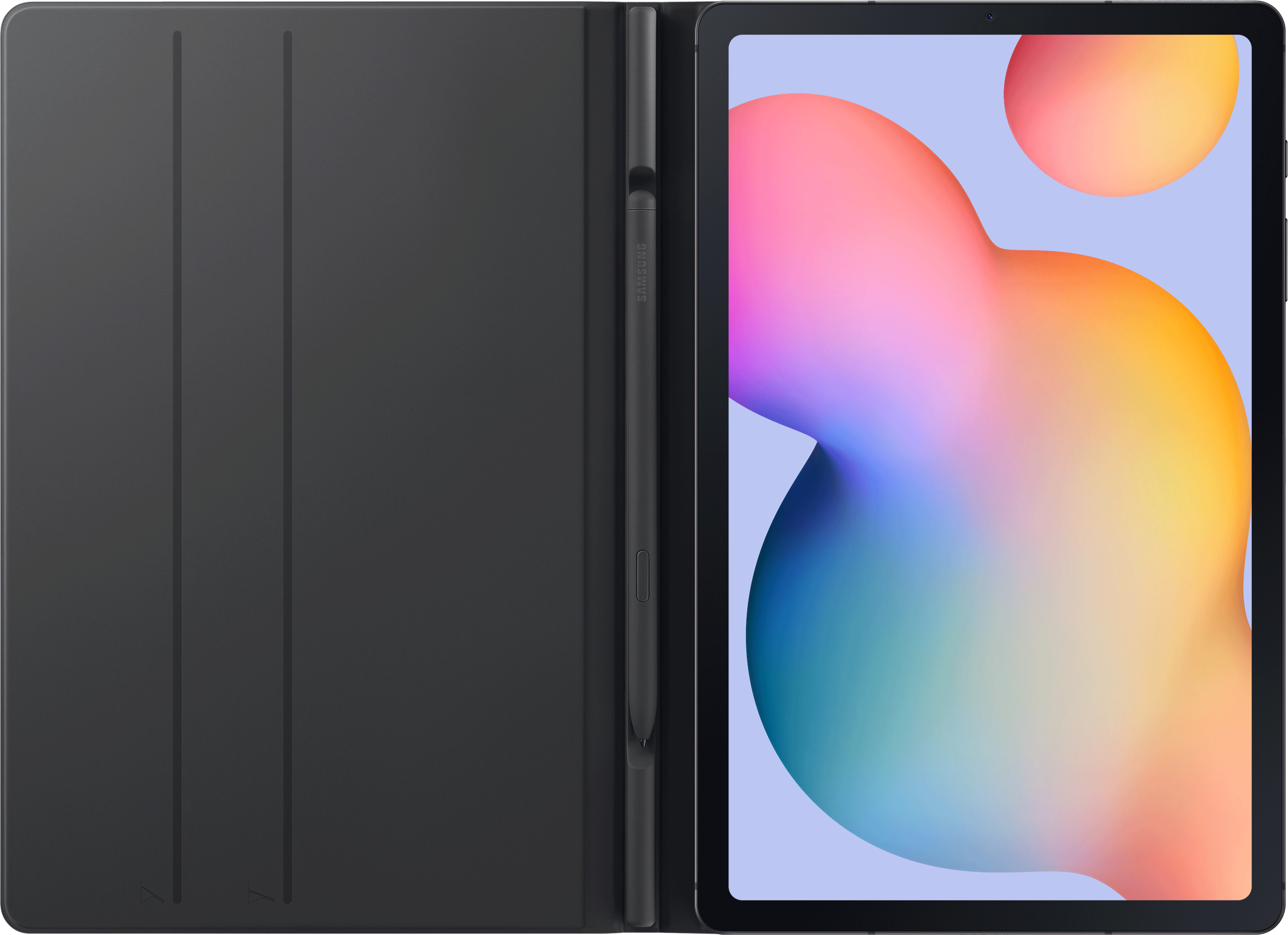 Une tablette avec une couverture noire, un stylet et un écran coloré affichant de l'art.