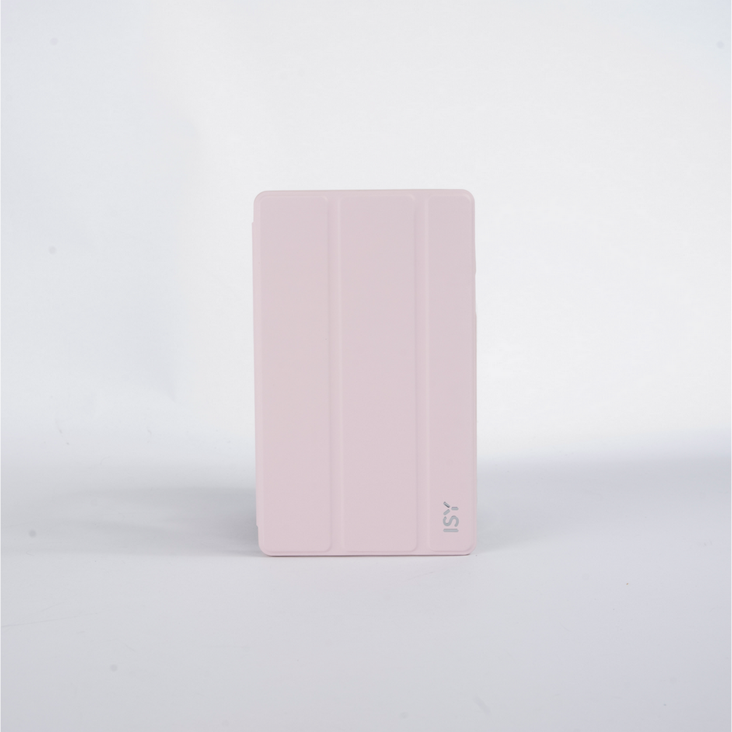 Rosa Tablethülle mit geöffneter Abdeckung, auf weißem Hintergrund. Das ISY-Logo ist sichtbar.