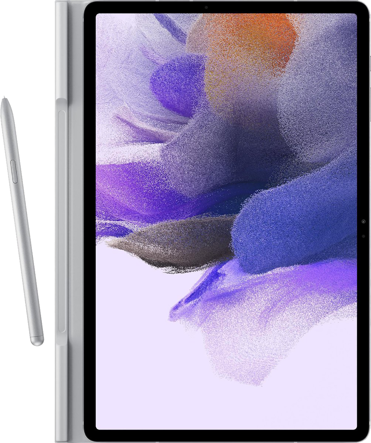 Tablet e stilo su sfondo bianco. Il tablet è argentato con schermo bianco. Lo stilo è argentato.