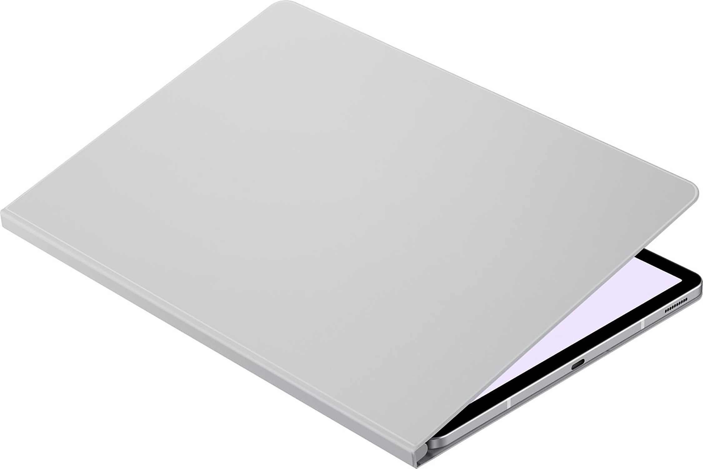 Un tablet appoggiato su una cover grigio chiaro, parzialmente aperto. Display bianco visibile.