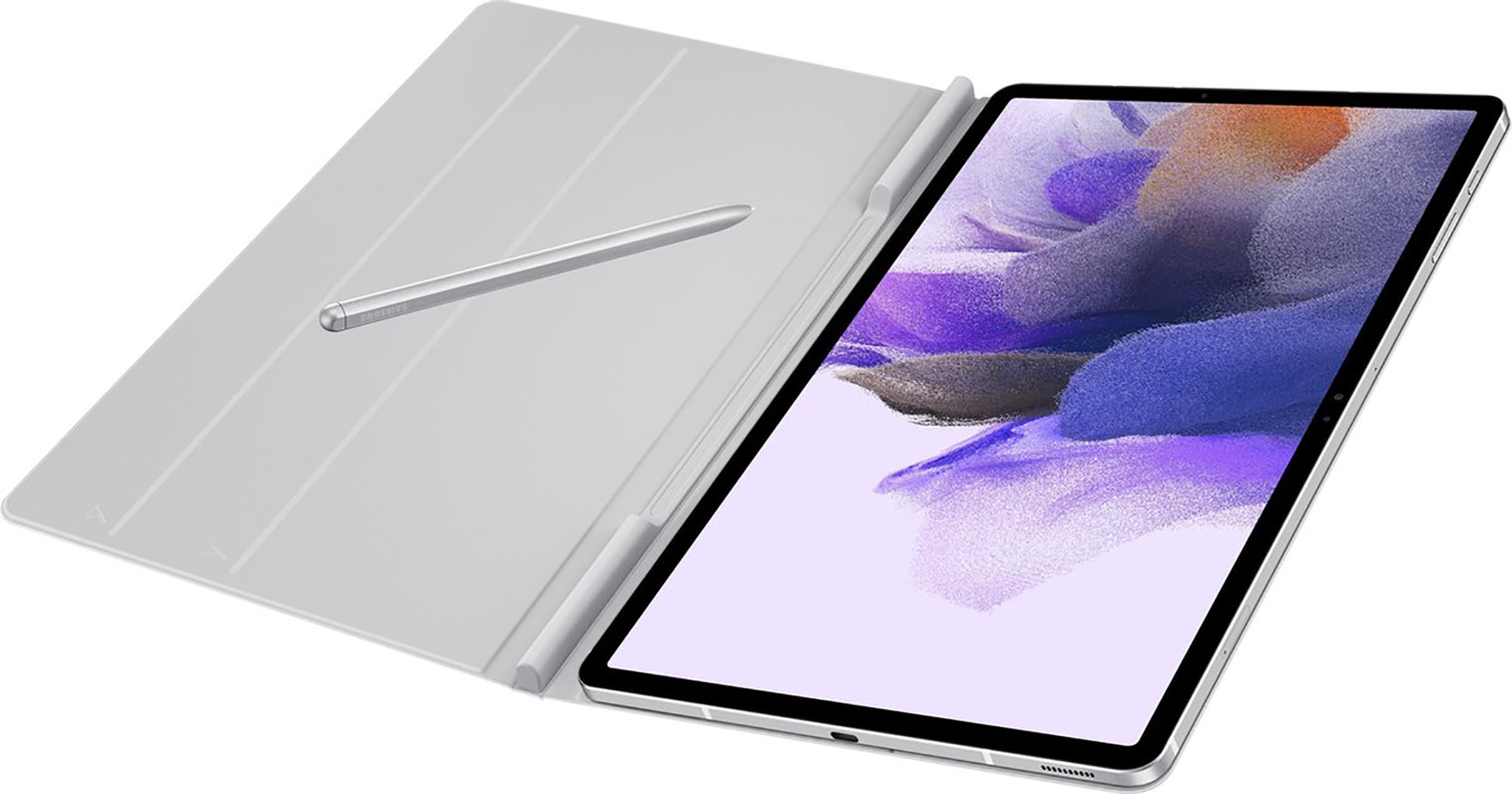 Tablet con penna su una cover grigio chiaro. Lo schermo del tablet è acceso e mostra un'immagine viola.