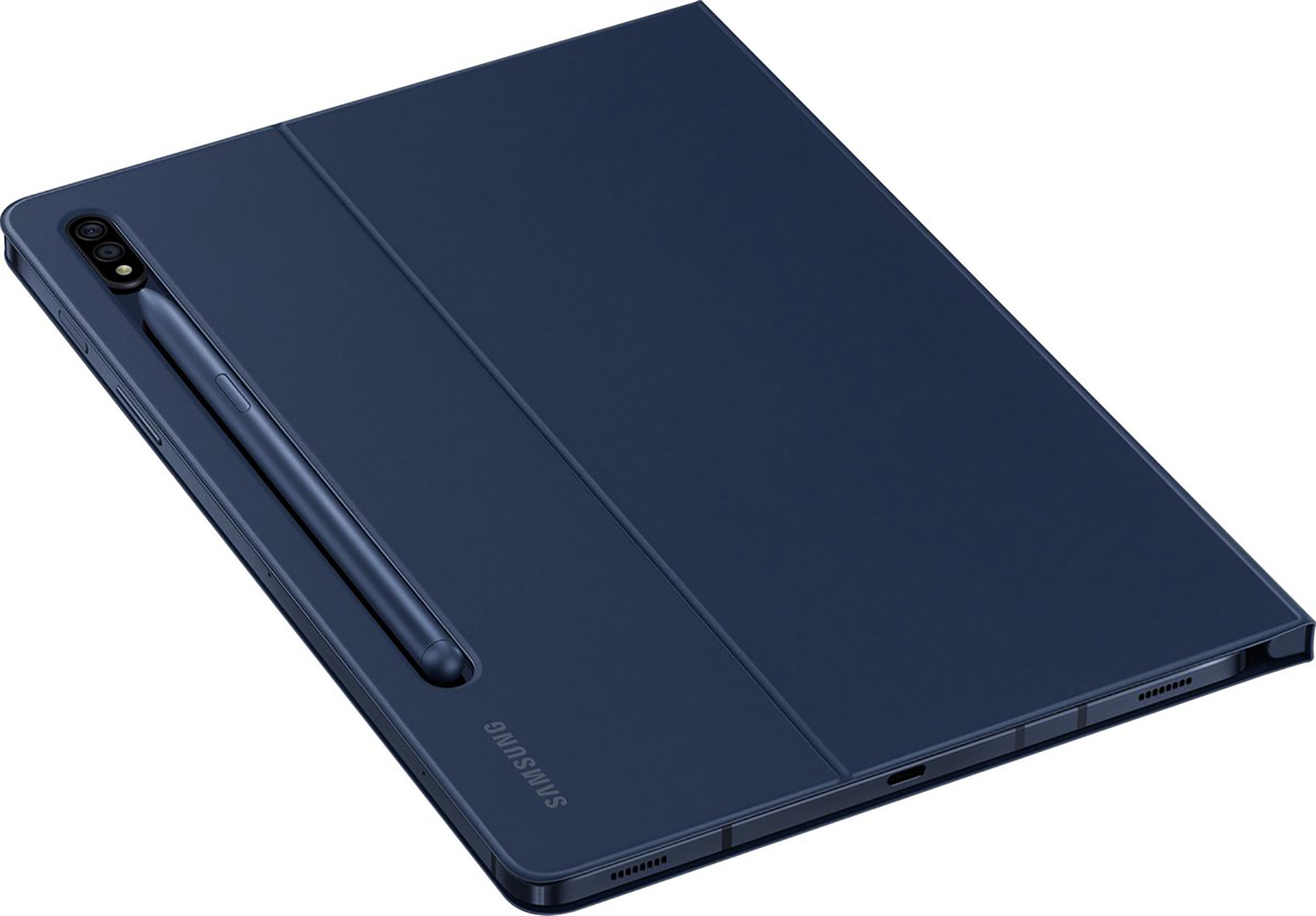 Blaues Tablet mit Stift, Hülle geschlossen, schräge Ansicht, weißer Hintergrund.