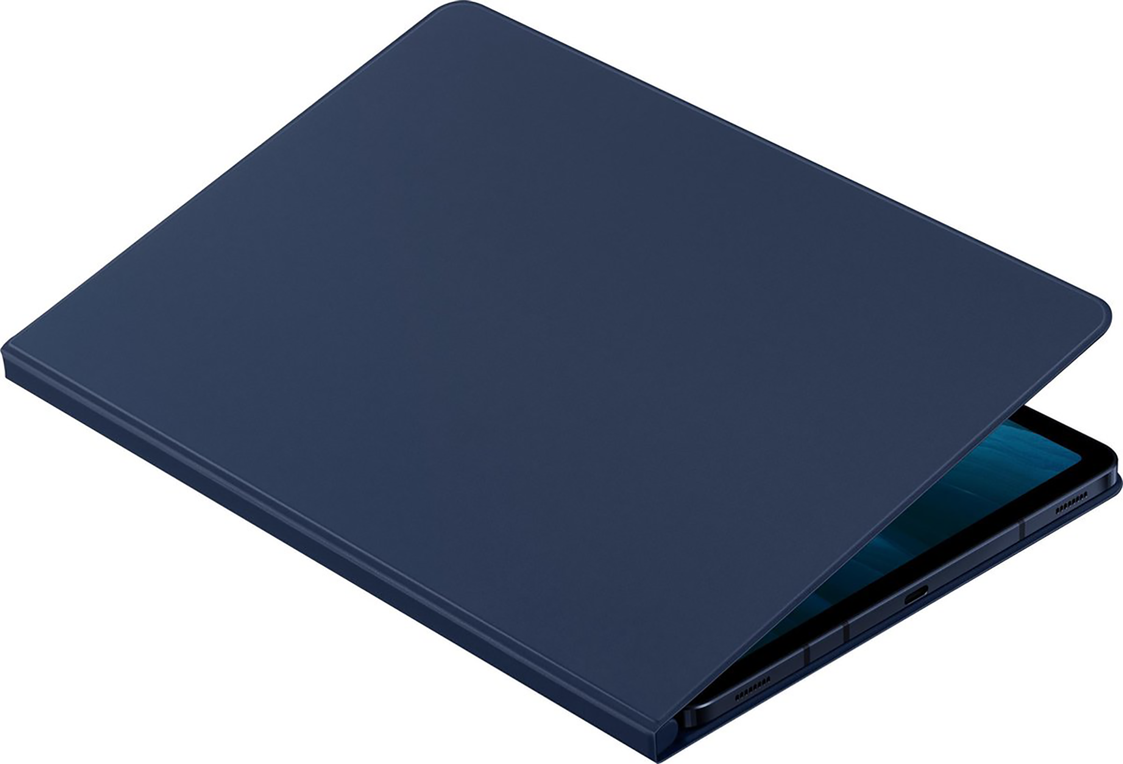 Ein dunkelblaues Tablet in einer passenden Hülle, teilweise geöffnet, wobei der Bildschirm sichtbar ist.