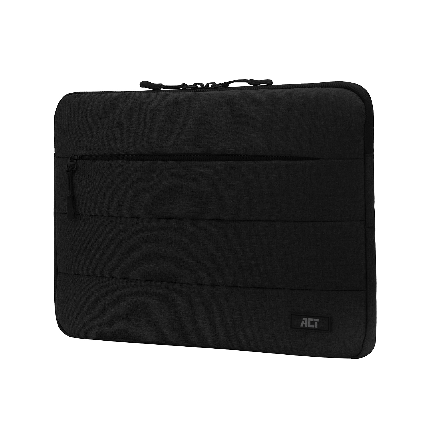 Zwarte laptoptas met horizontale lijnen en een rits. Het logo 'ACT' rechtsonder.