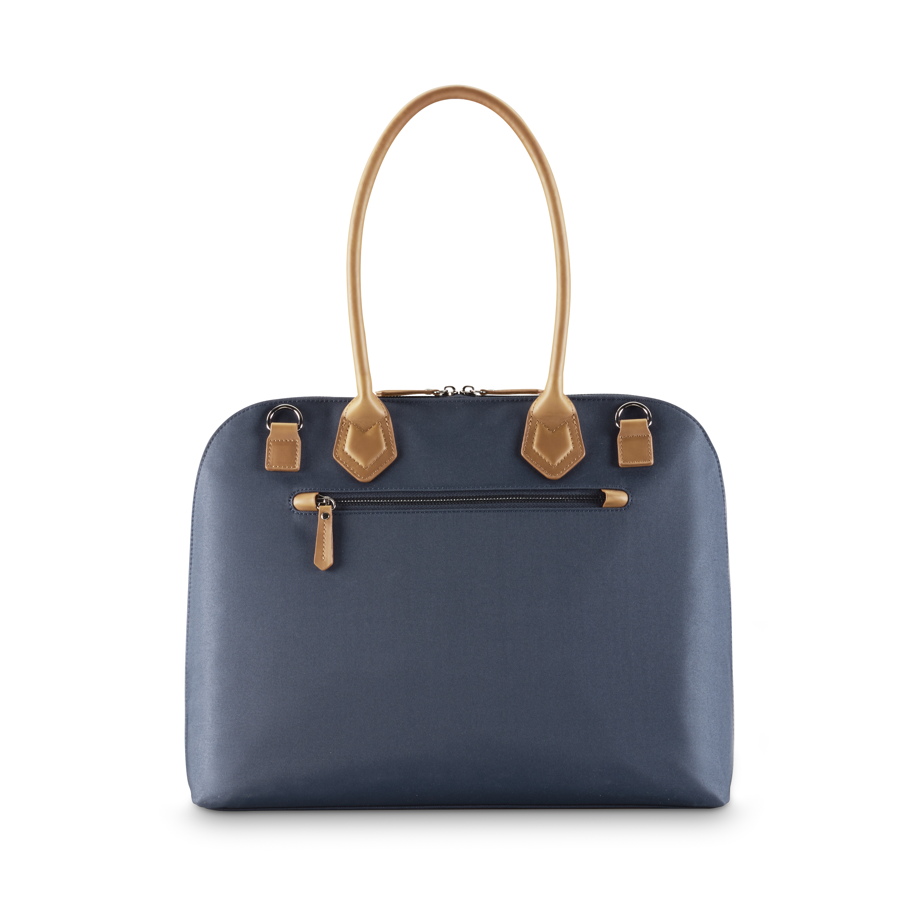 Blaue Tragetasche mit beigen Griffen und Akzenten. Hat einen Reißverschluss und eine kleine Vordertasche.