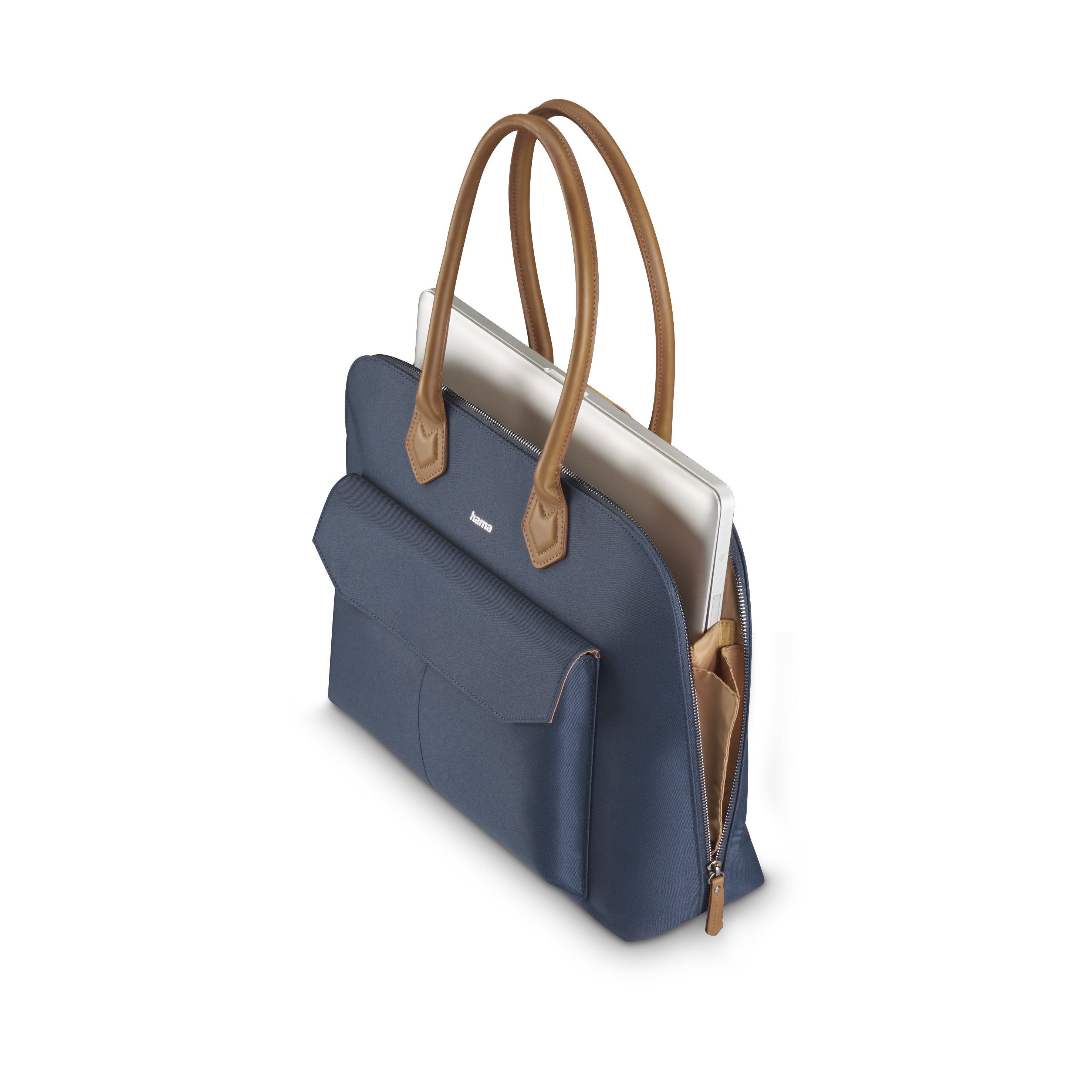 Marineblaue Laptoptasche mit braunen Griffen. Die Tasche ist offen und zeigt einen Laptop im Inneren.