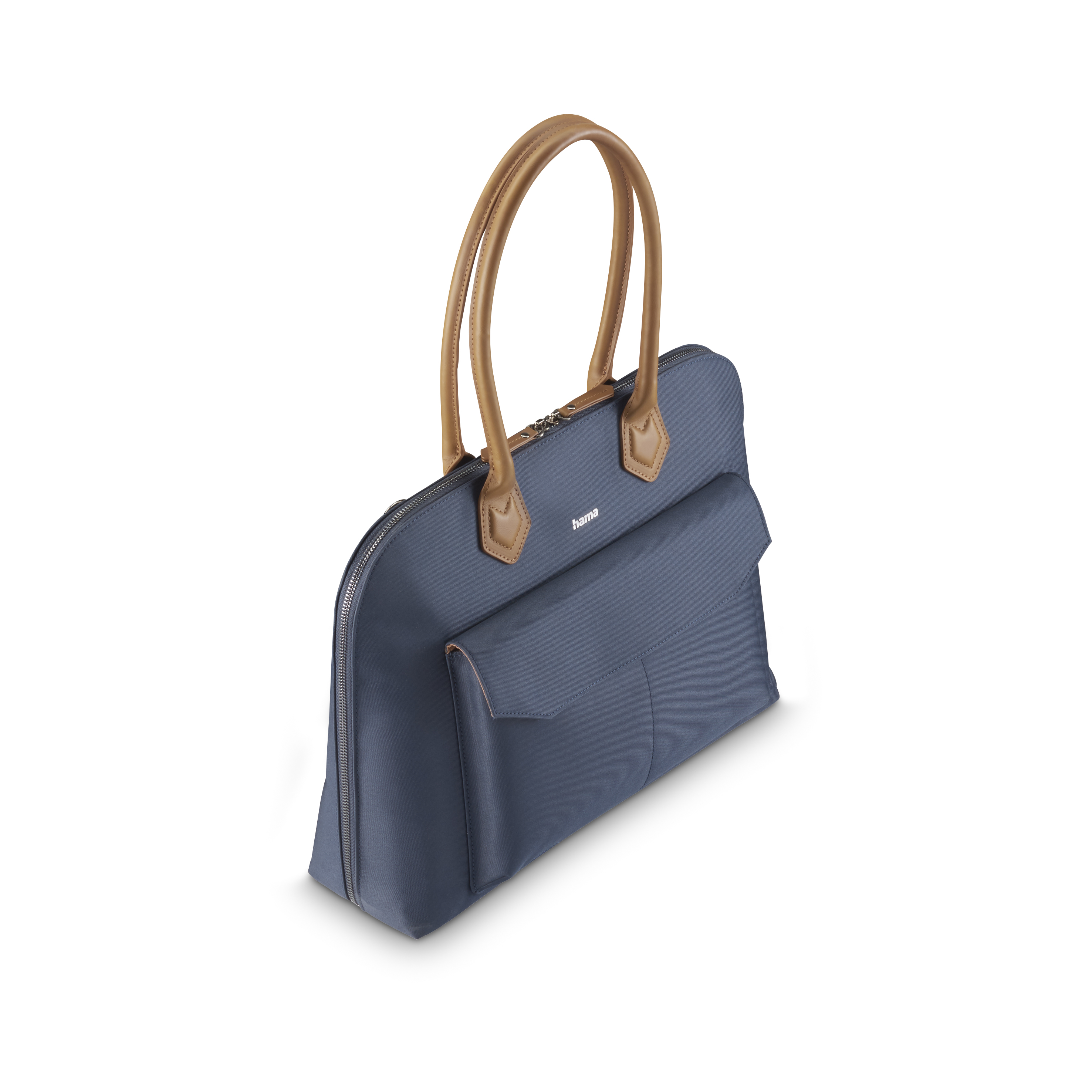 Eine blaue Tasche mit braunen Griffen und einer Vordertasche ist abgebildet.