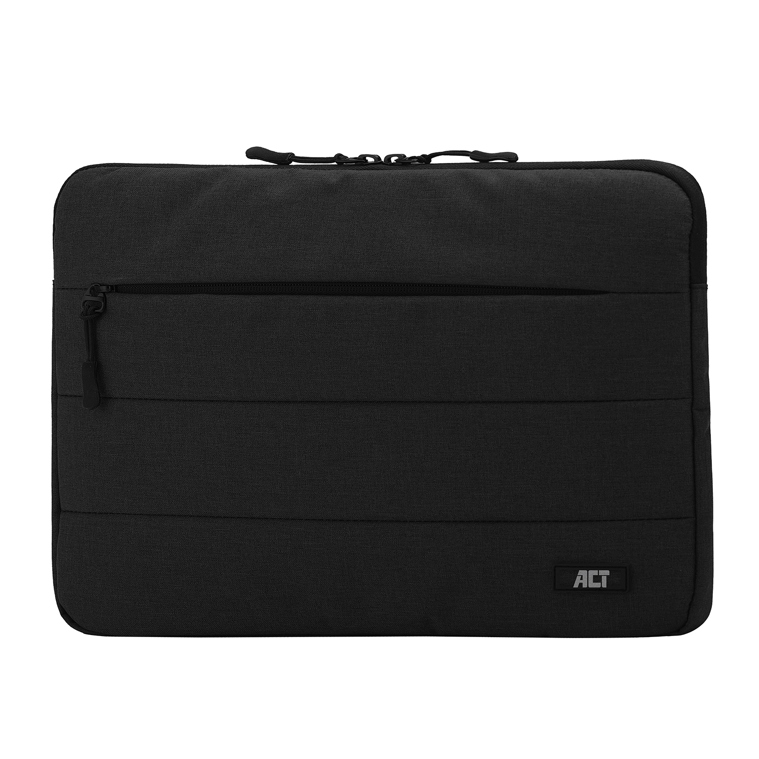 Eine schwarze Laptop-Hülle mit Reißverschluss und einem kleinen, rechteckigen ACT-Label auf der Vorderseite.