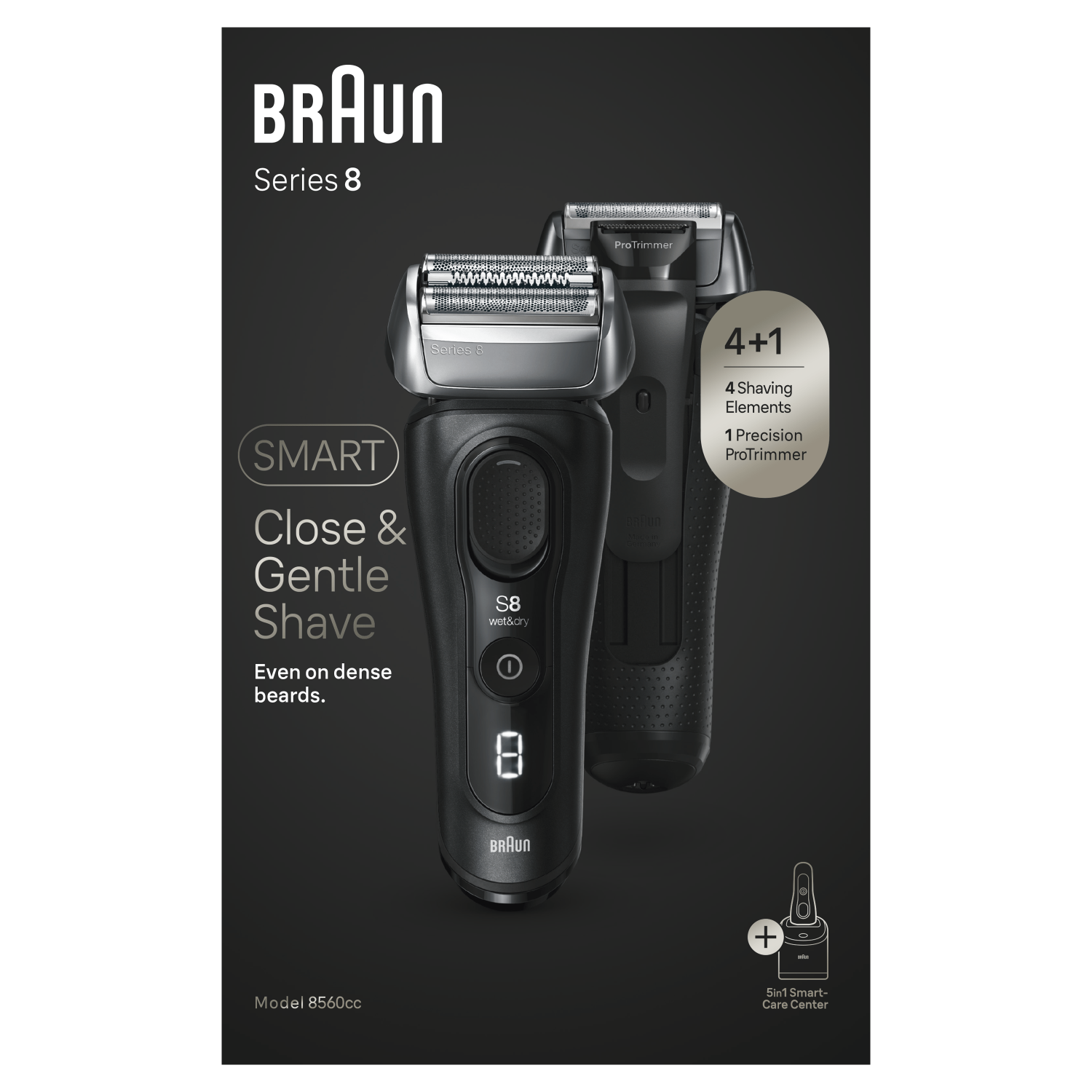 Dos afeitadoras Braun Series 8. Una está abierta. El texto detalla los elementos de afeitado.