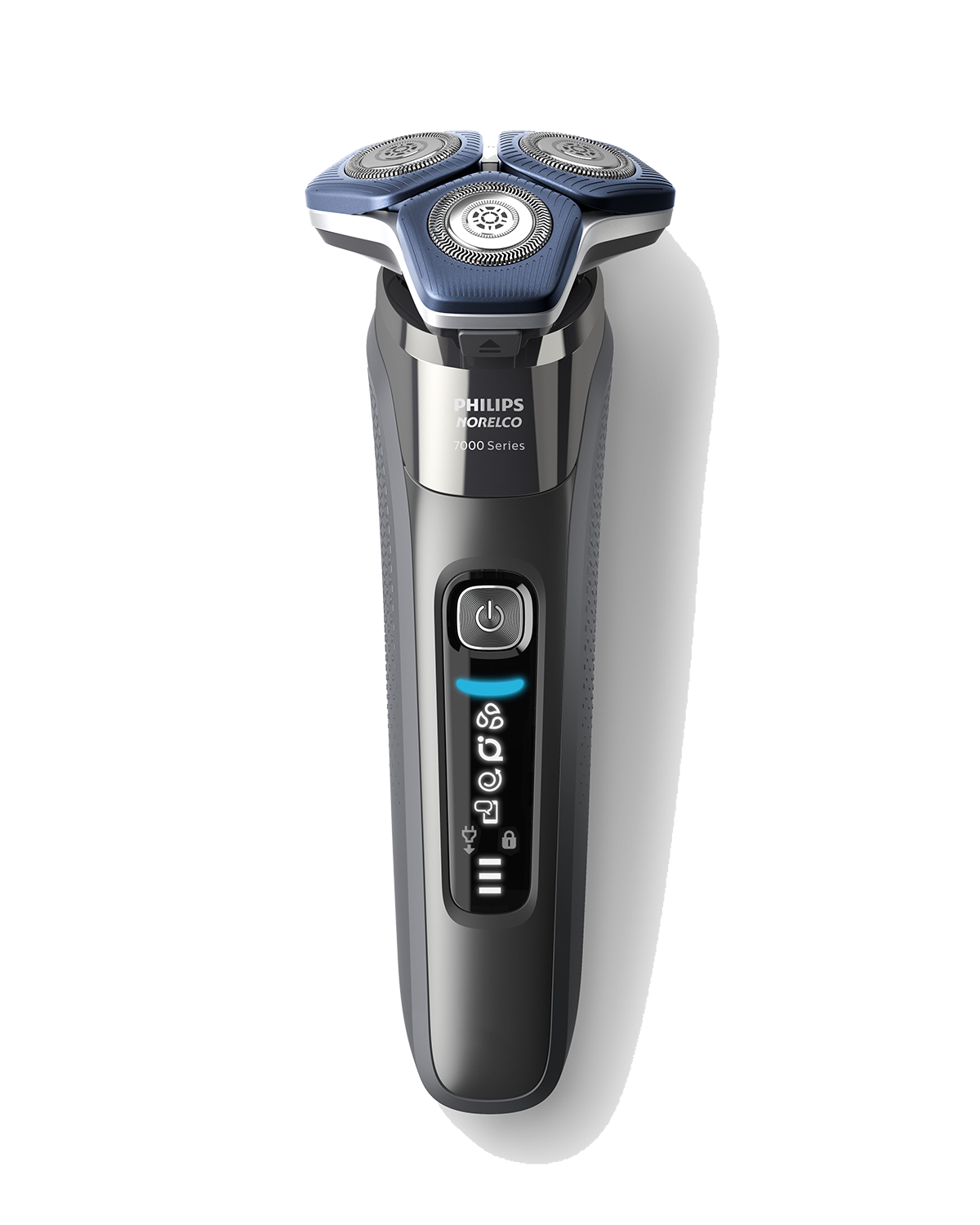 Srebrno-niebieska golarka elektryczna z przyciskiem zasilania i kontrolkami.