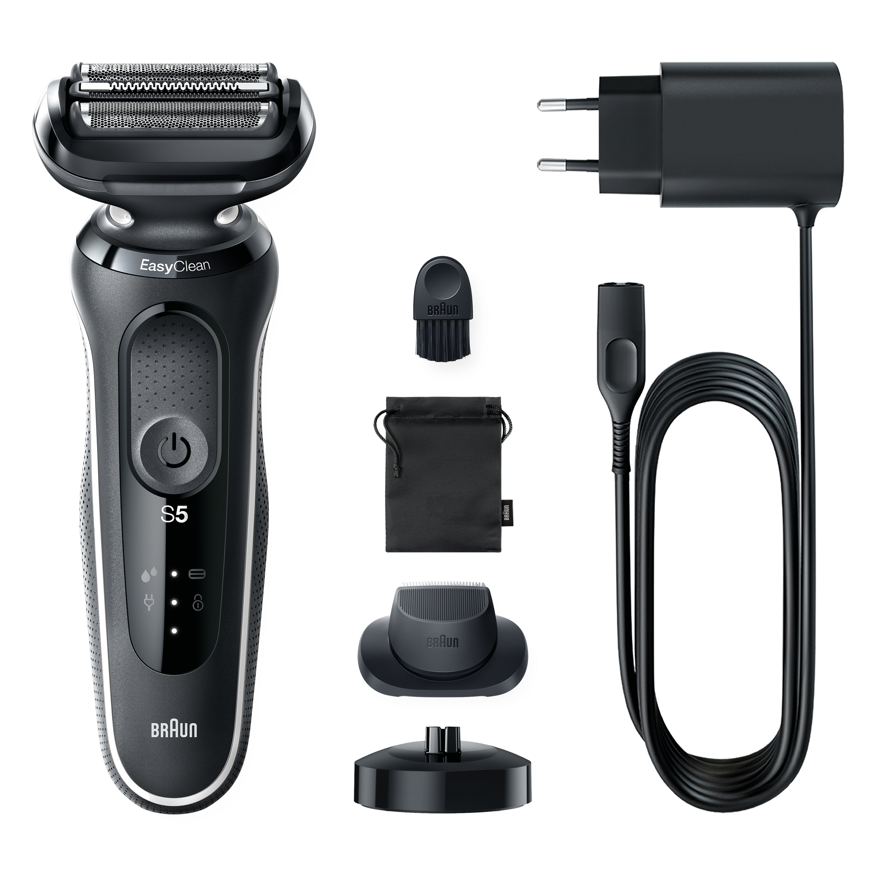 Czarna golarka elektryczna z akcesoriami: ładowarką, szczotką, etui, podstawką i trymerem.