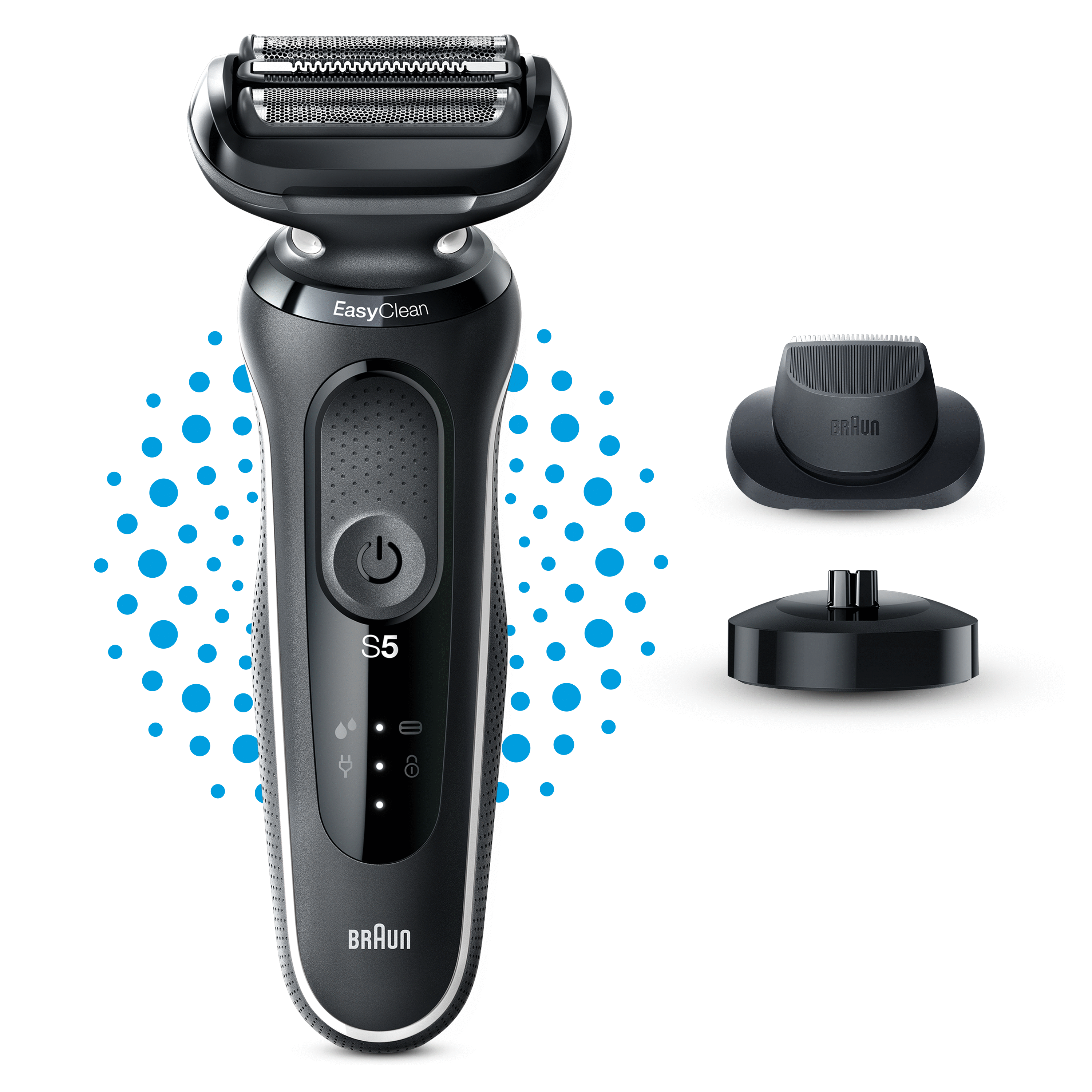 Czarna golarka elektryczna z podstawą ładującą i stacją czyszczącą oraz niebieskimi kropkami.