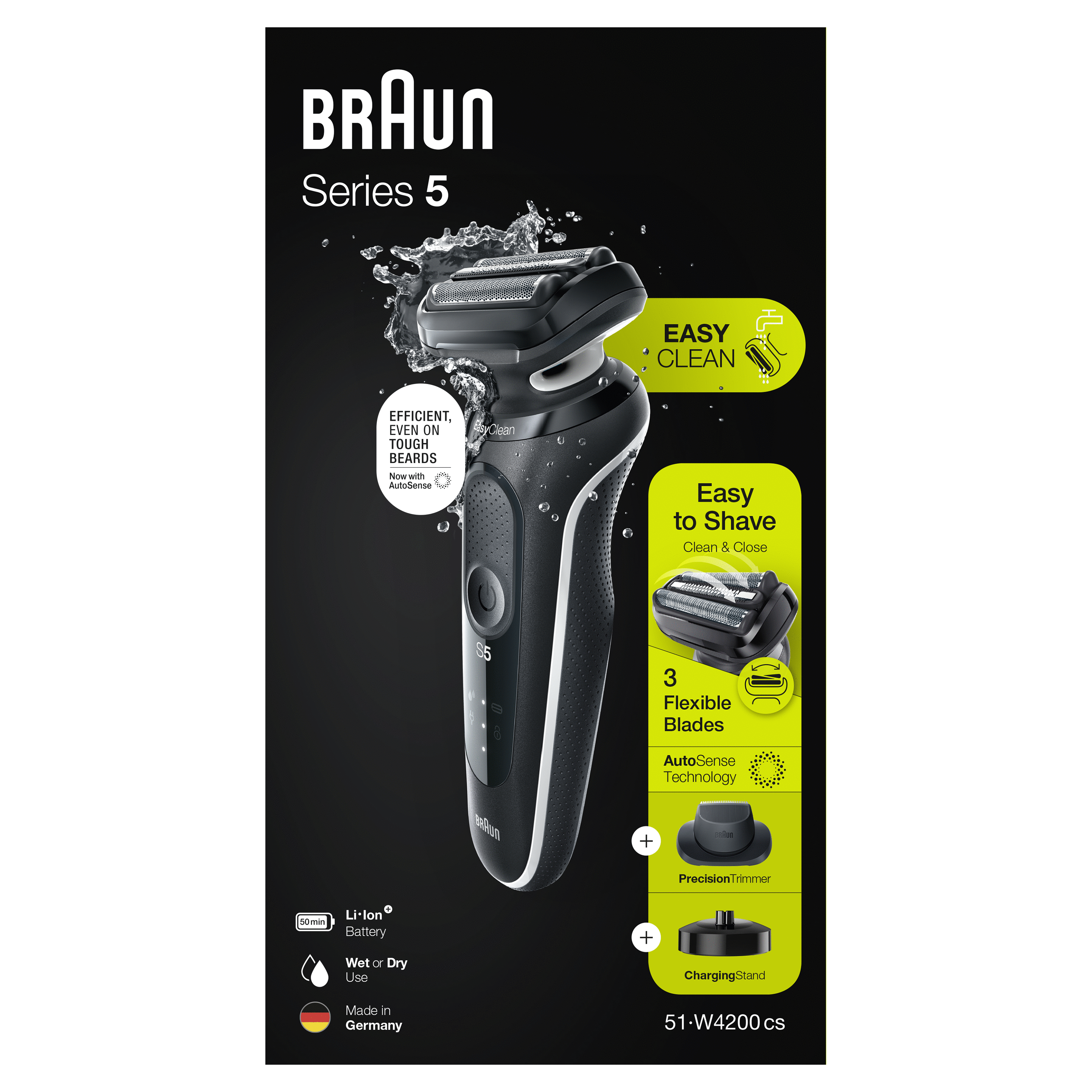 Golarka elektryczna Braun Series 5, na mokro lub na sucho, czarno-srebrna.