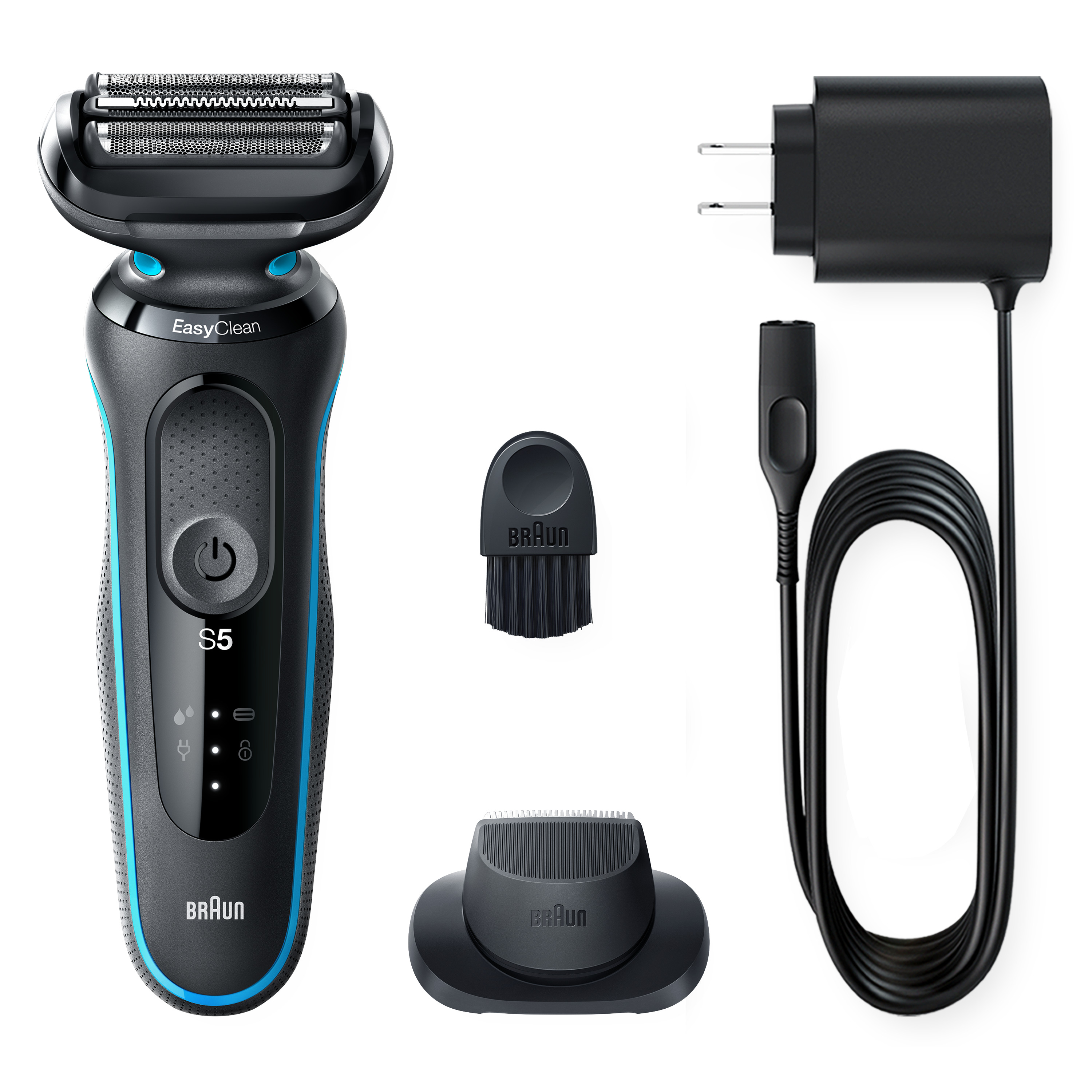 Czarna i niebieska golarka elektryczna, szczotka do czyszczenia, stacja ładująca i zasilacz.