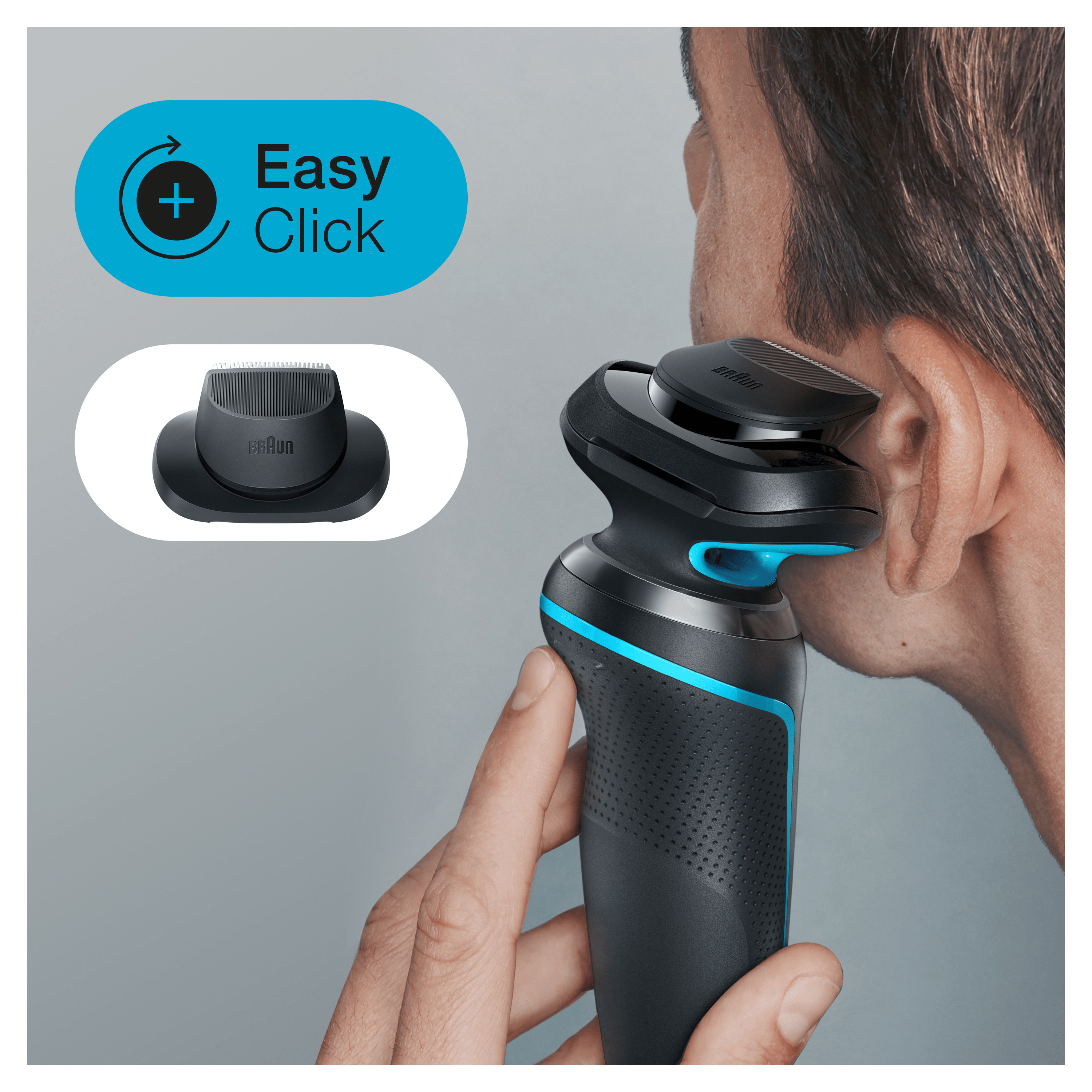 Mężczyzna golący się czarną i niebieską golarką elektryczną. Pokazano oddzielne ostrze do przycinania. Szare tło.