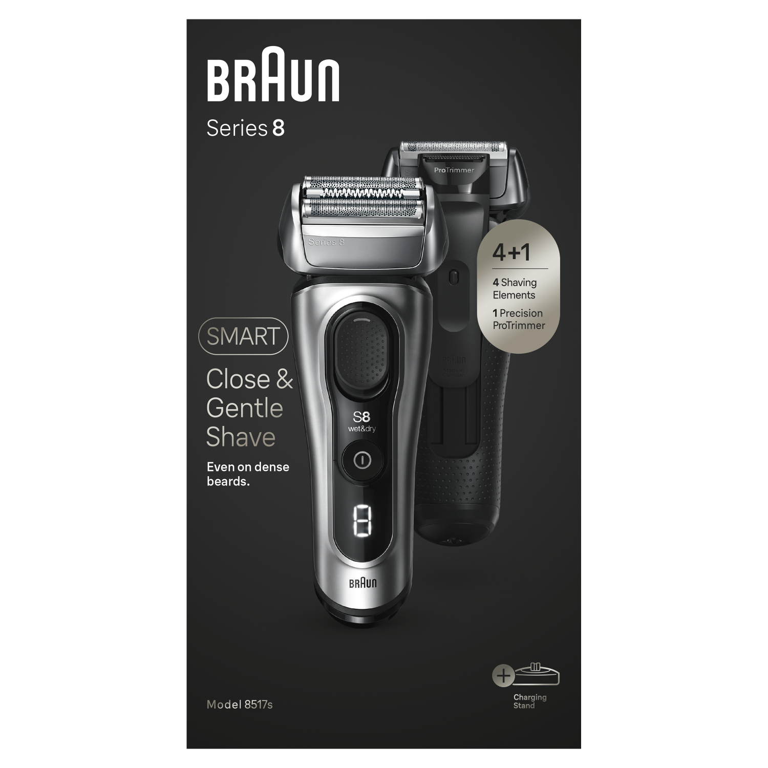 Golarka Braun Series 8, z czarną golarką z tyłu, na czarnej powierzchni. Nakładka tekstowa.