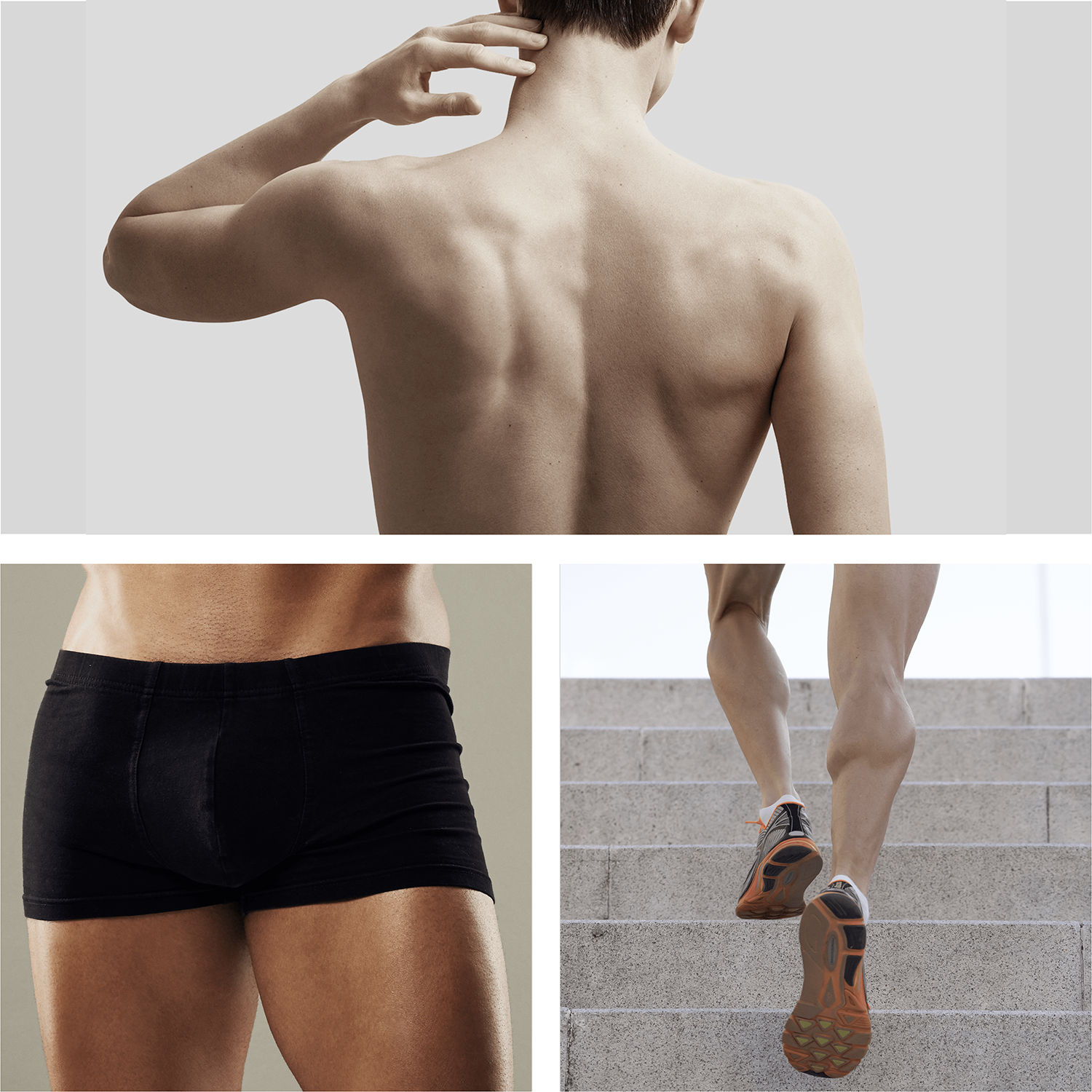 Immagine in tre parti: la schiena di un uomo, pantaloncini neri e le gambe di un uomo che sale le scale.