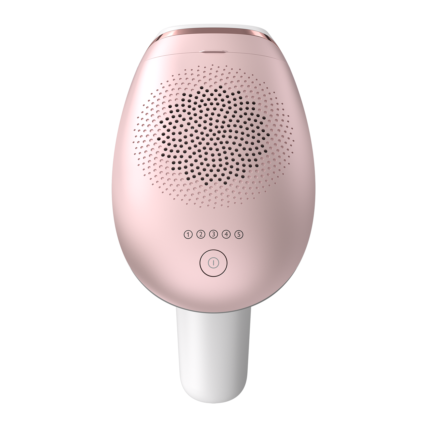 Dispositivo rosa per la depilazione IPL con cinque pulsanti e una base bianca.