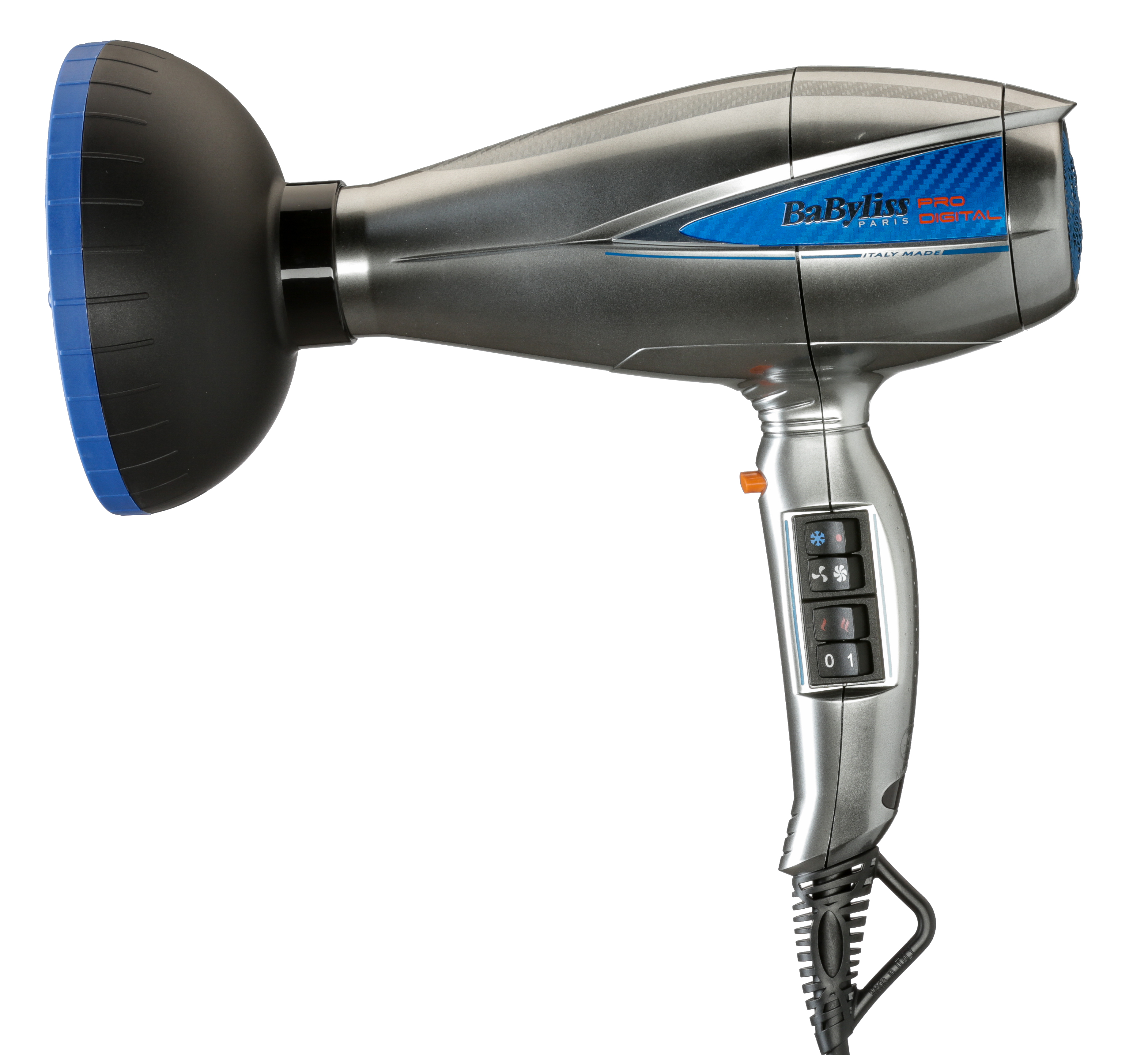 Srebrno-szara suszarka do włosów z niebieskimi akcentami, czarną dyszą i przyciskami sterowania.