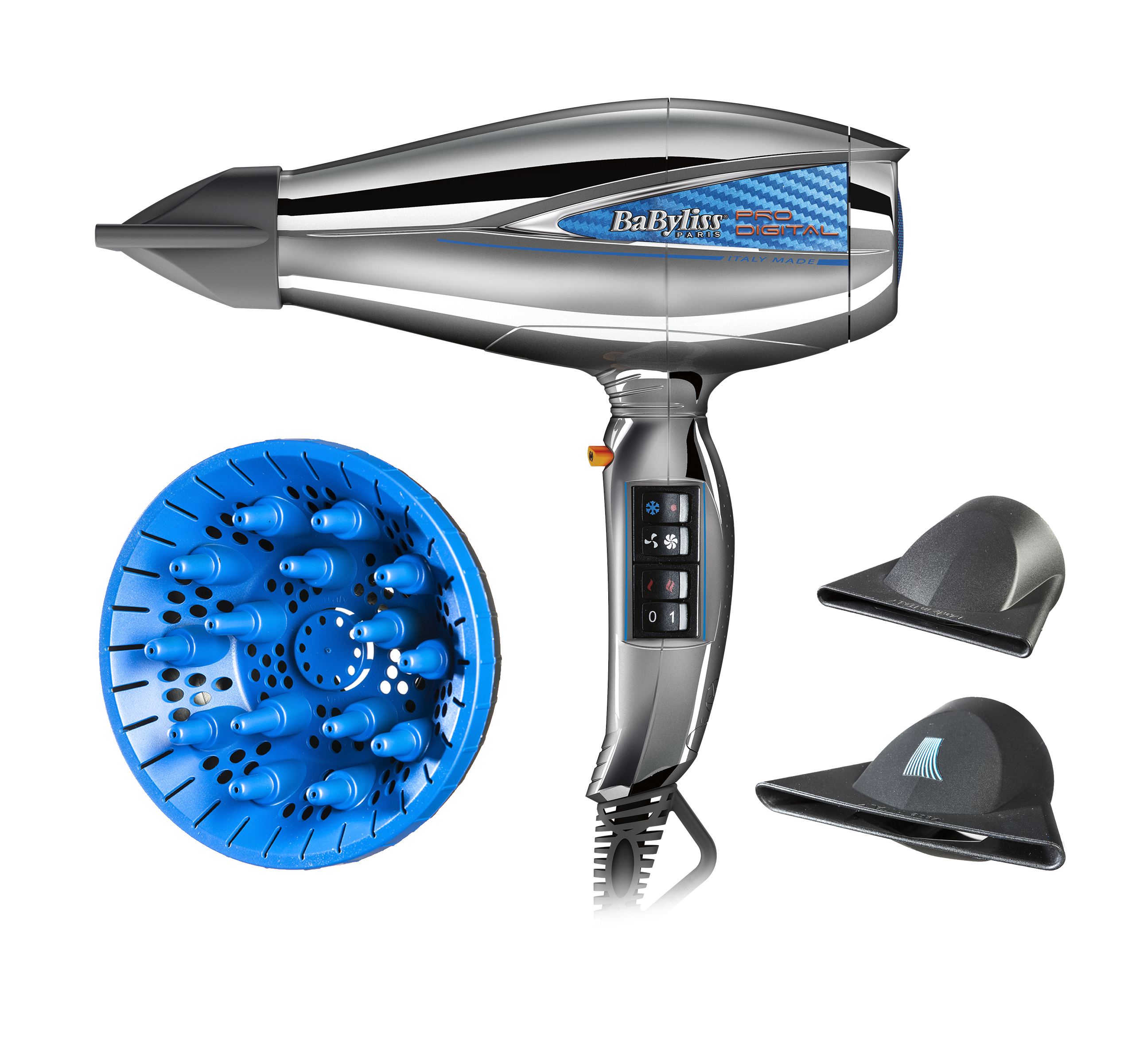 Srebrna suszarka do włosów z niebieskimi akcesoriami na czarnym tle.
