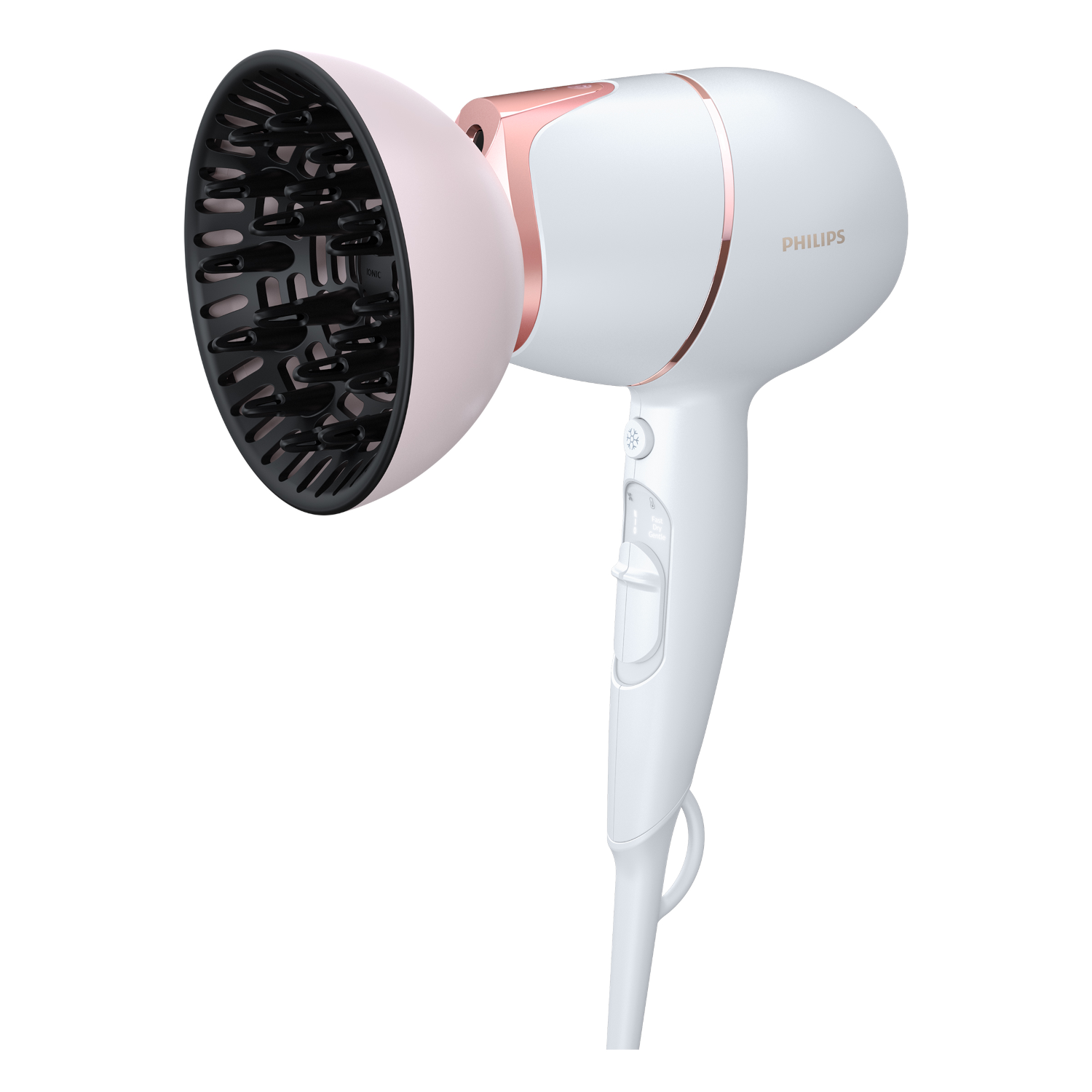 Witte Philips haardroger met roze diffuser, roségouden accenten, witte achtergrond.