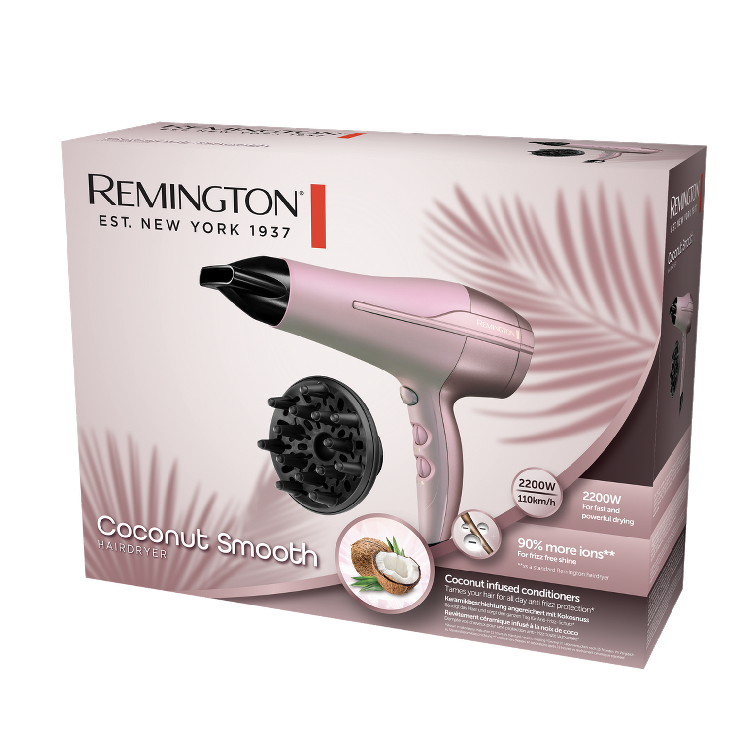 Een roze en zwarte Remington haardroger in een doos met kokos afbeeldingen en tekst.