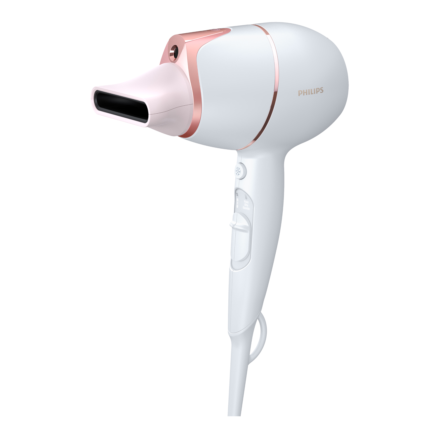 Een witte Philips haardroger met roségouden accenten op een witte achtergrond.