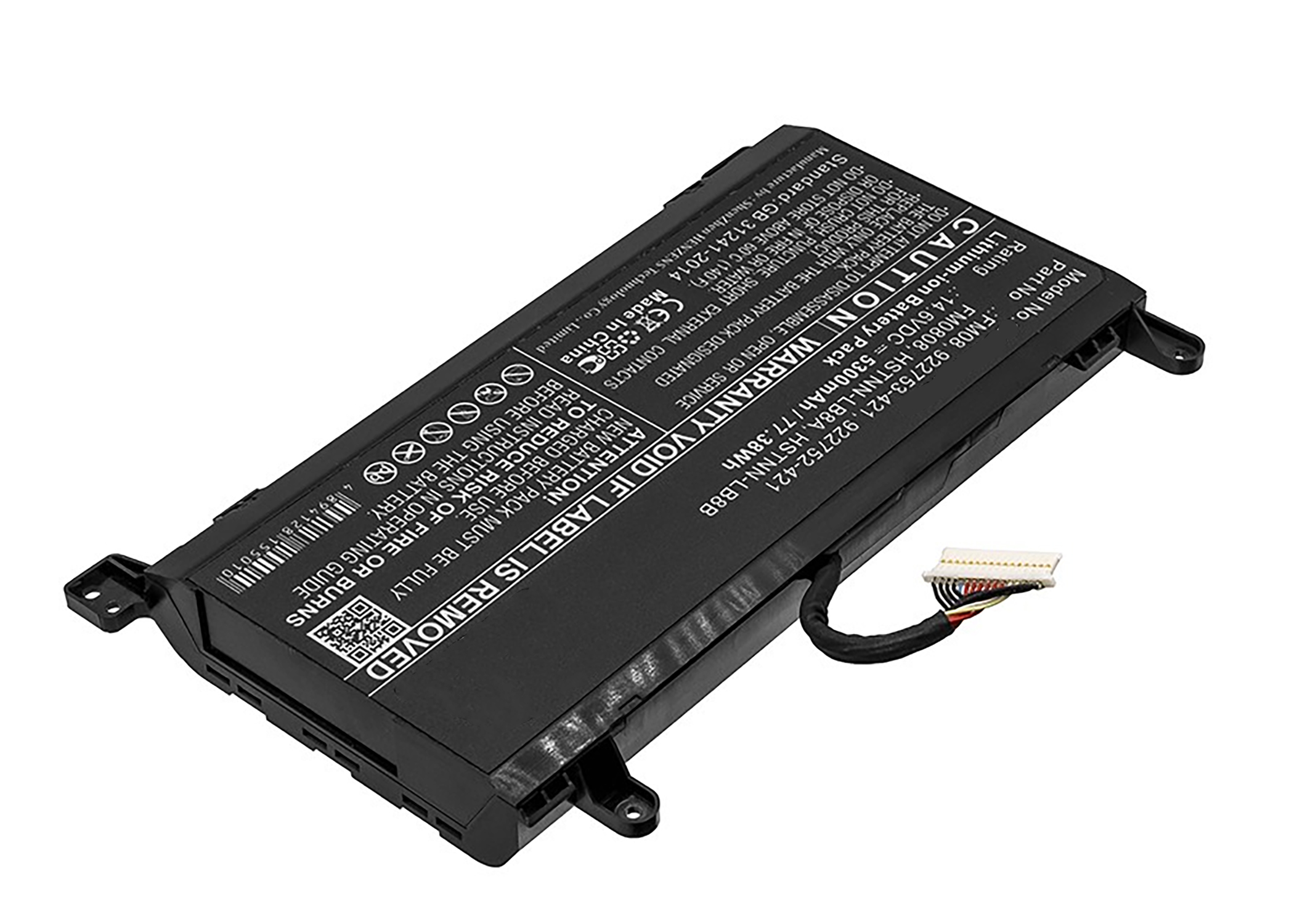 Schwarzer Laptop-Akku. Er hat ein Etikett mit Text und einen Anschluss.