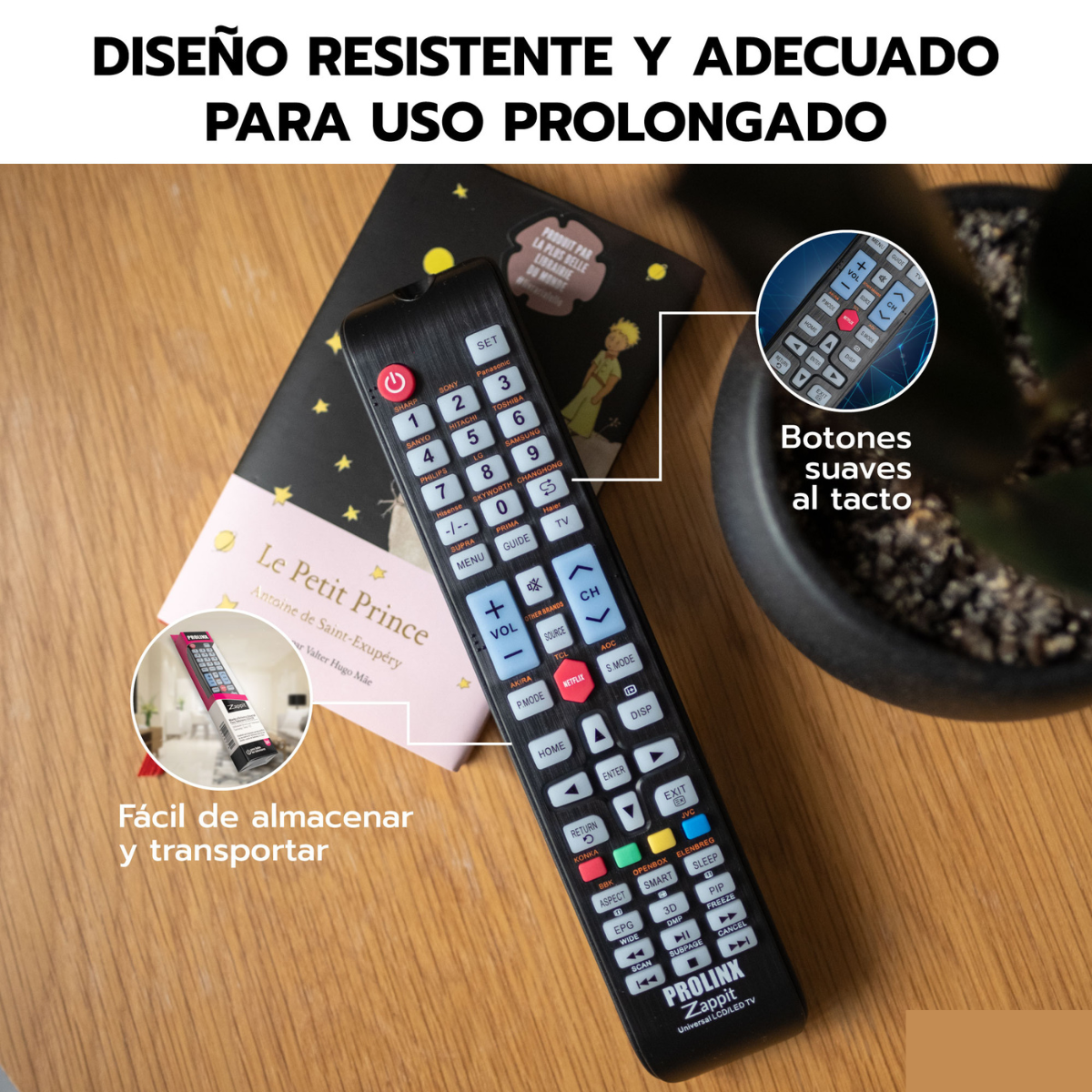 Mando a distancia sobre una mesa de madera con un libro. Texto y botones en el mando. Planta al fondo.