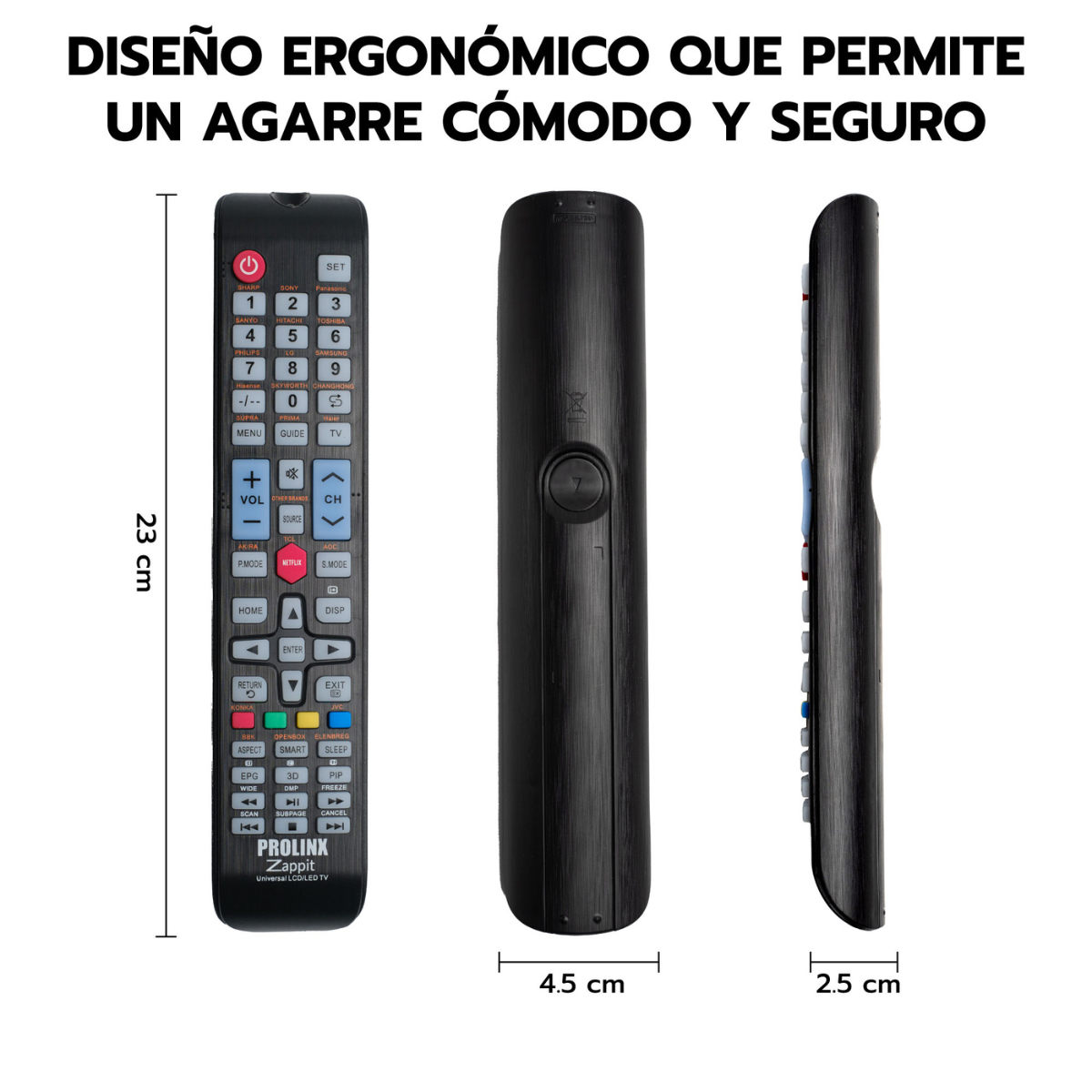 Mando a distancia negro con botones y texto.