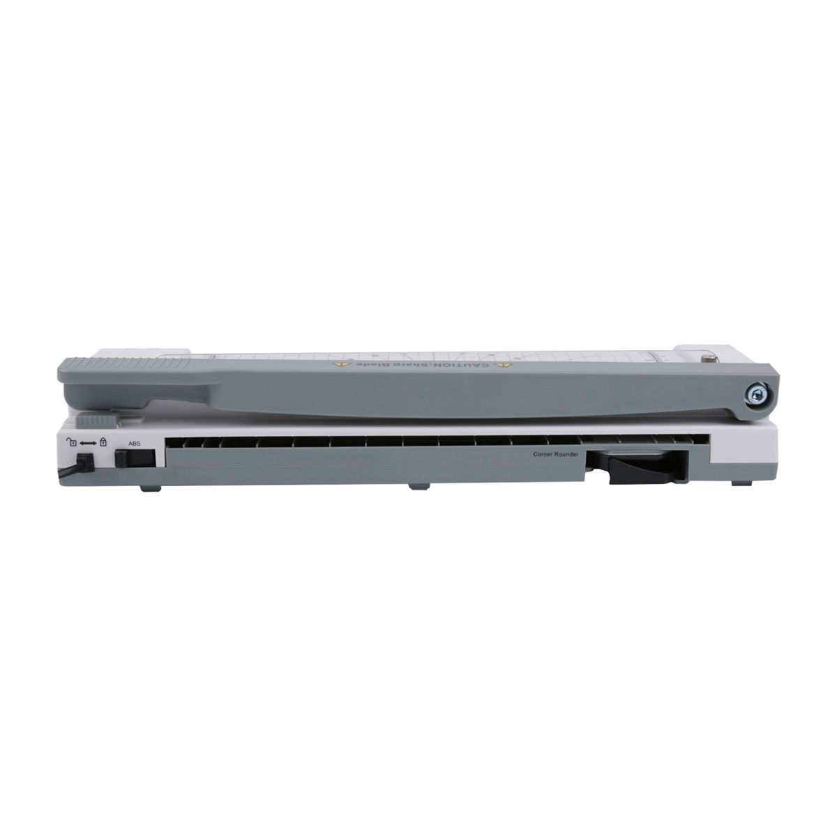 Eine graue Laminatormaschine. Der obere Teil ist grau und der untere weiß. Die Maschine steht auf weißem Grund.