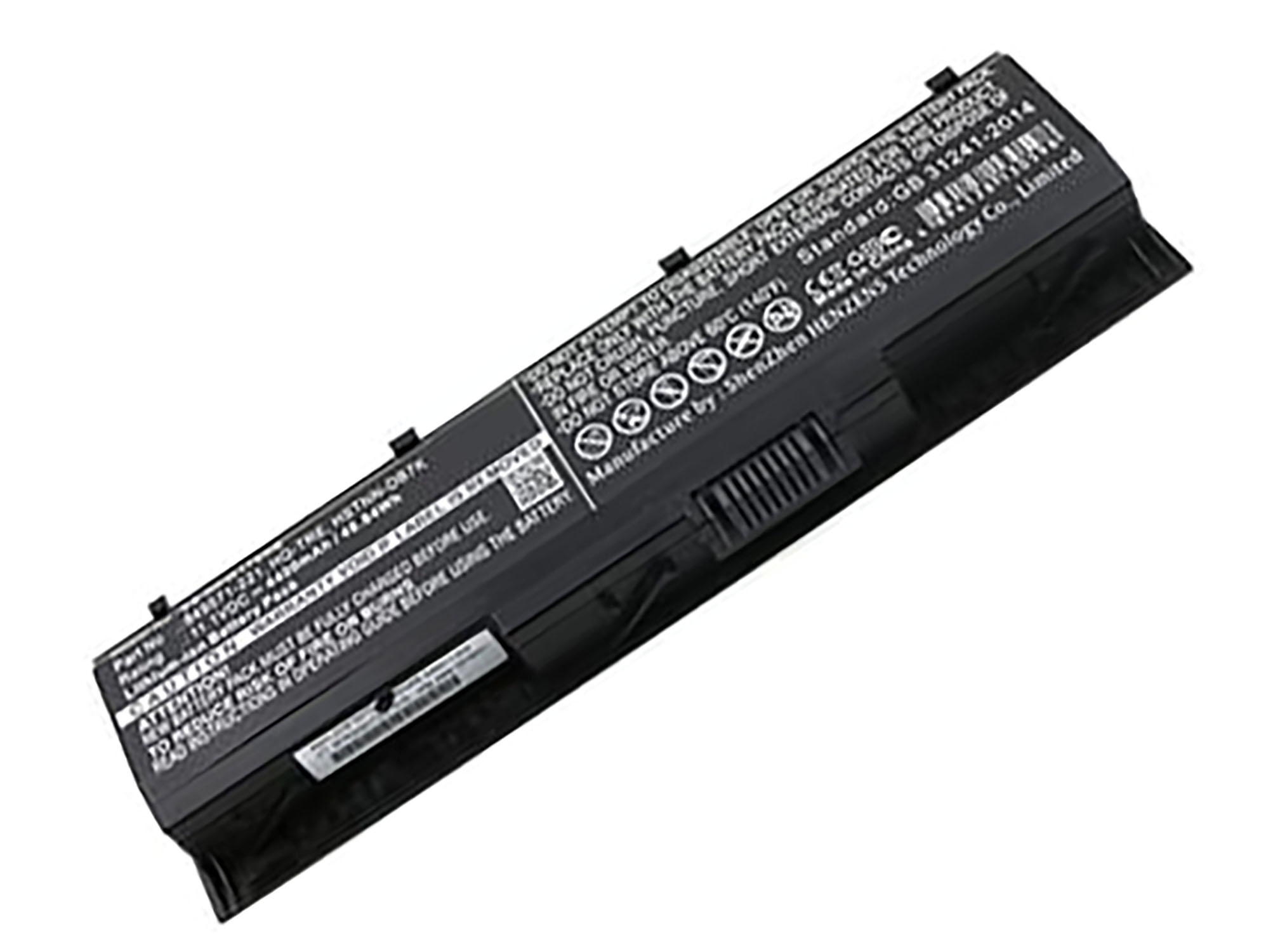 Schwarzer Laptop-Akku mit Etiketten und Warnhinweisen.