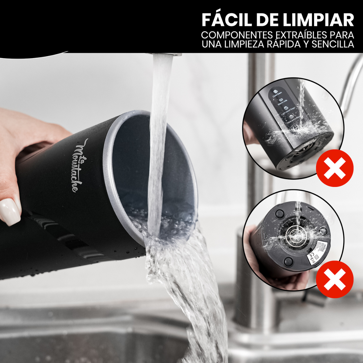 Dispositivo negro con agua vertiendo, dos primeros planos con x rojas.