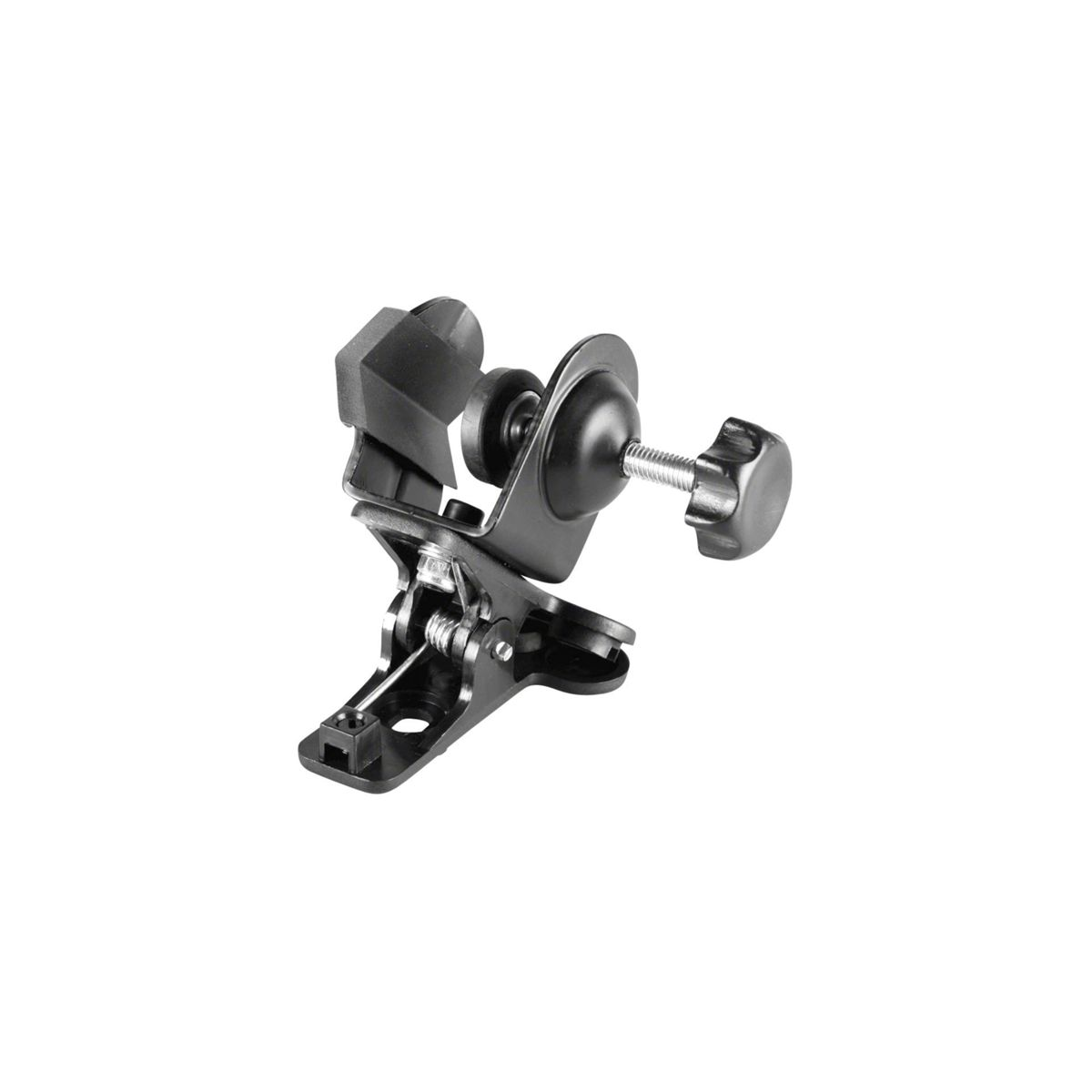 Czarny metalowy zacisk z głowicą kulową, na białym tle.