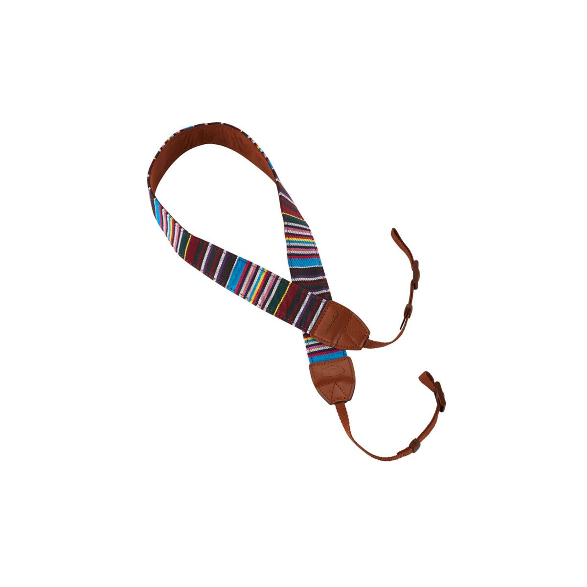 Kolorowy pasek do aparatu z tkanym wzorem, skórzanymi końcami i pętlami do zawieszania leży na białej powierzchni.