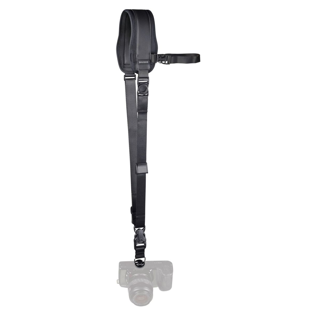 Czarny pasek do aparatu z podkładką na ramię i dołączonym aparatem.