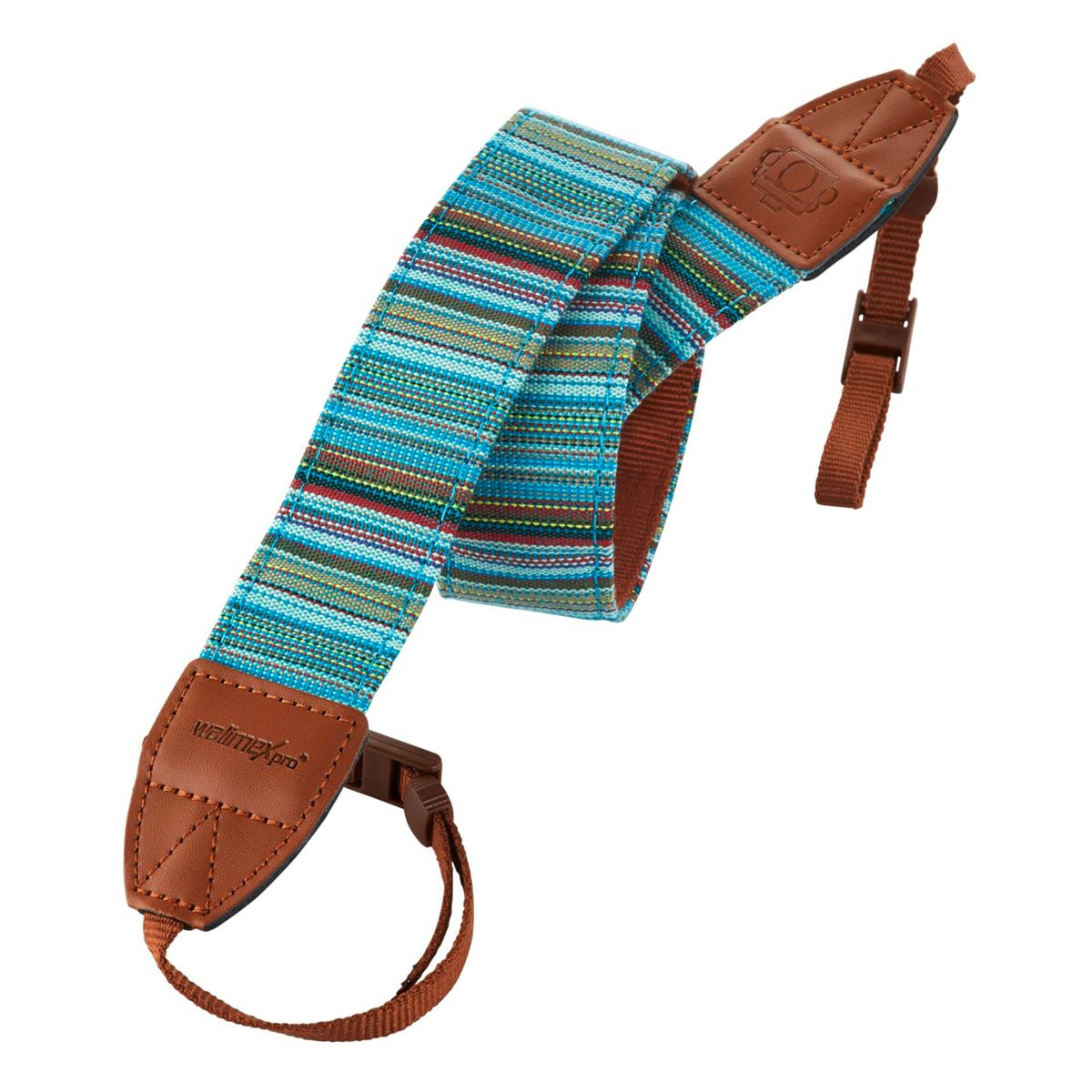 Pasek do aparatu z kolorowym wzorem w paski. Brązowe skórzane końce i klamry. Białe tło.
