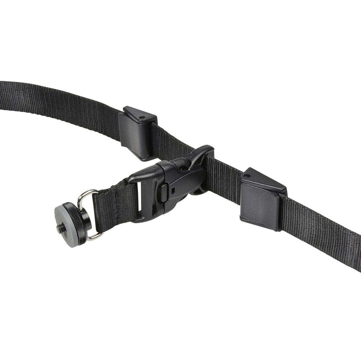 Czarny pasek z klamrą i dwoma plastikowymi klipsami na białym tle, zbliżenie.