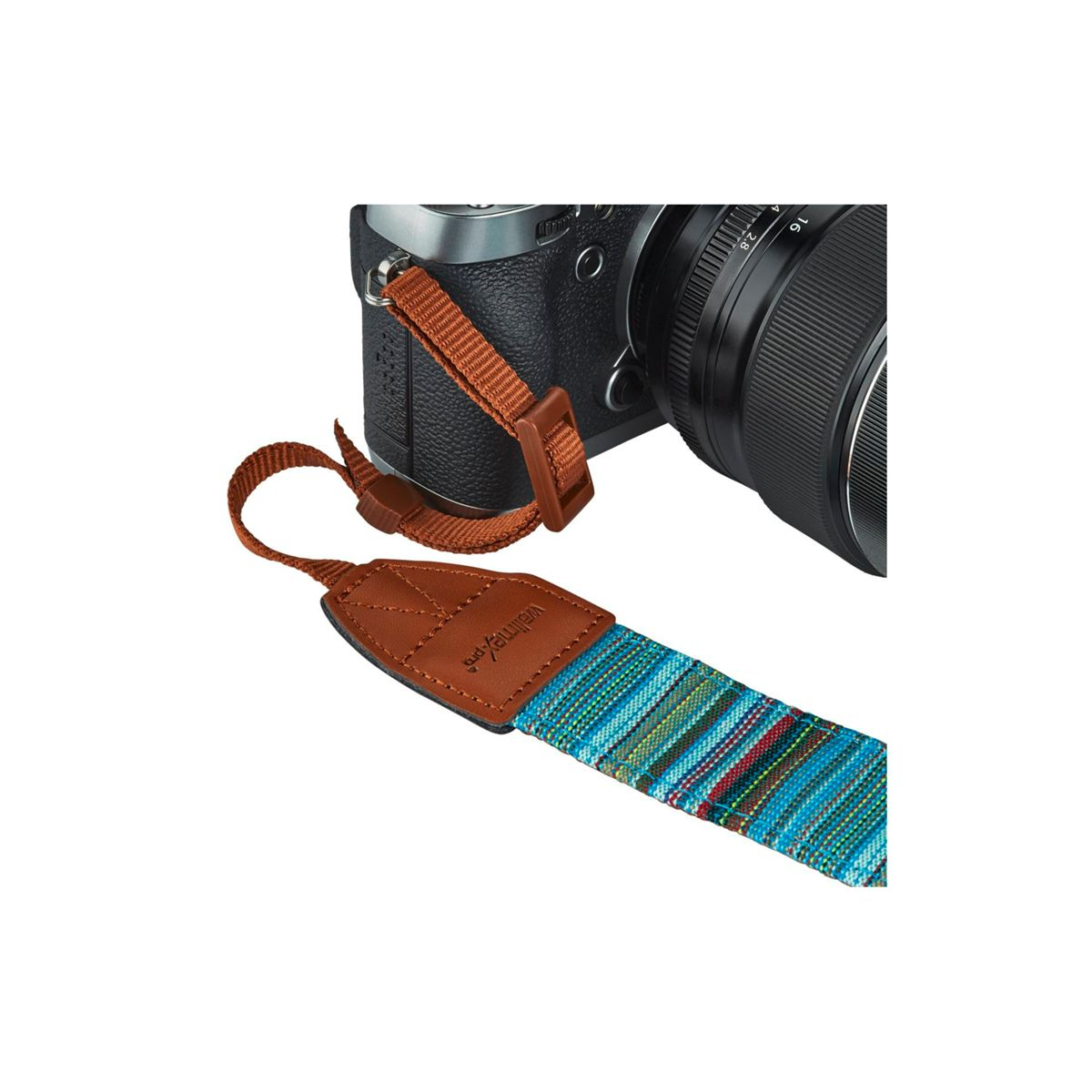 Aparat z kolorowym paskiem. Pasek jest niebieski i brązowy.