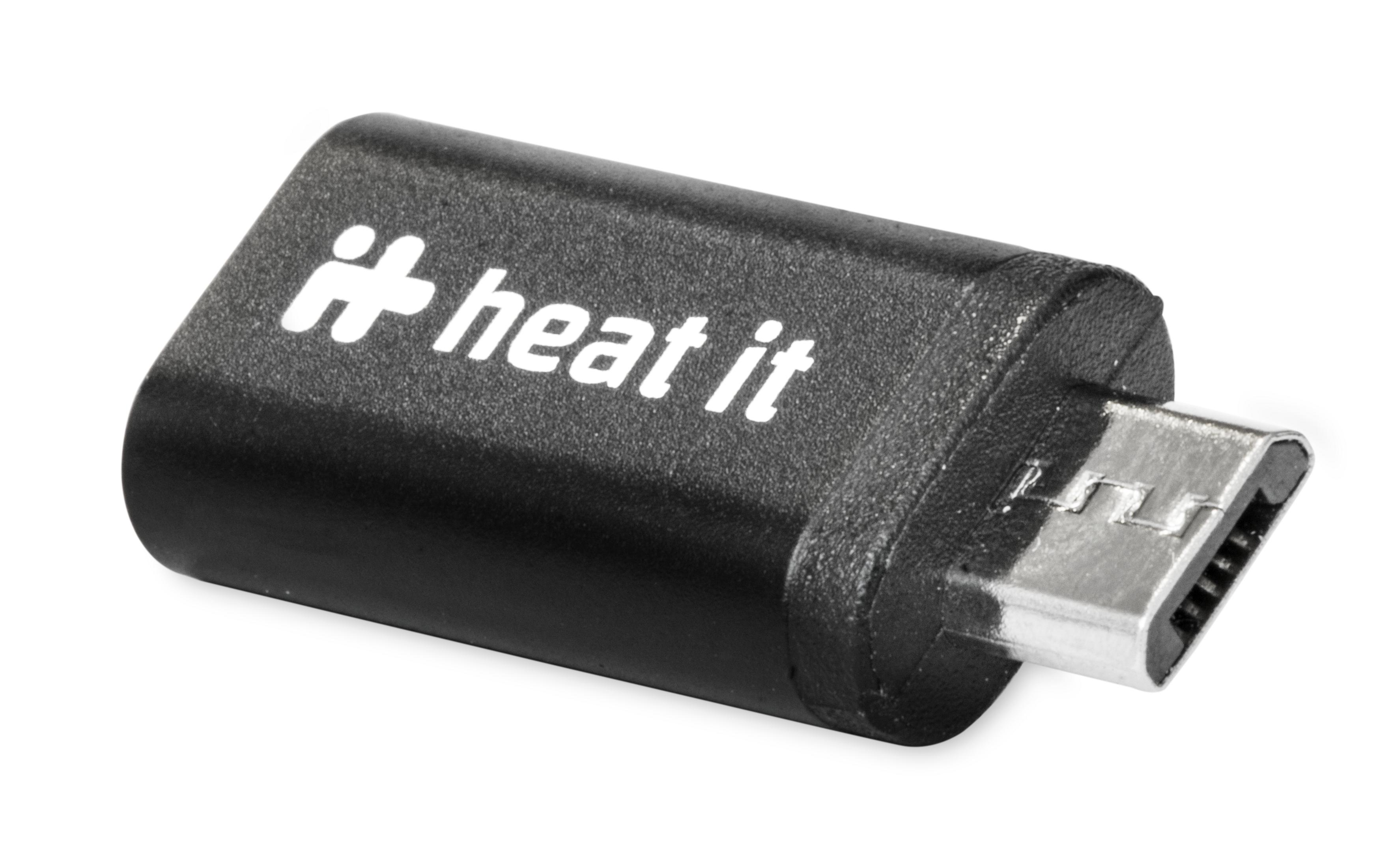 Ein schwarzer Heat-It-Adapter mit einem Micro-USB-Anschluss.
