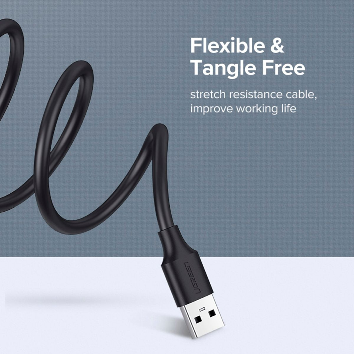 Czarny, elastyczny kabel USB z białym złączem, z tekstem: Flexible & Tangle Free.