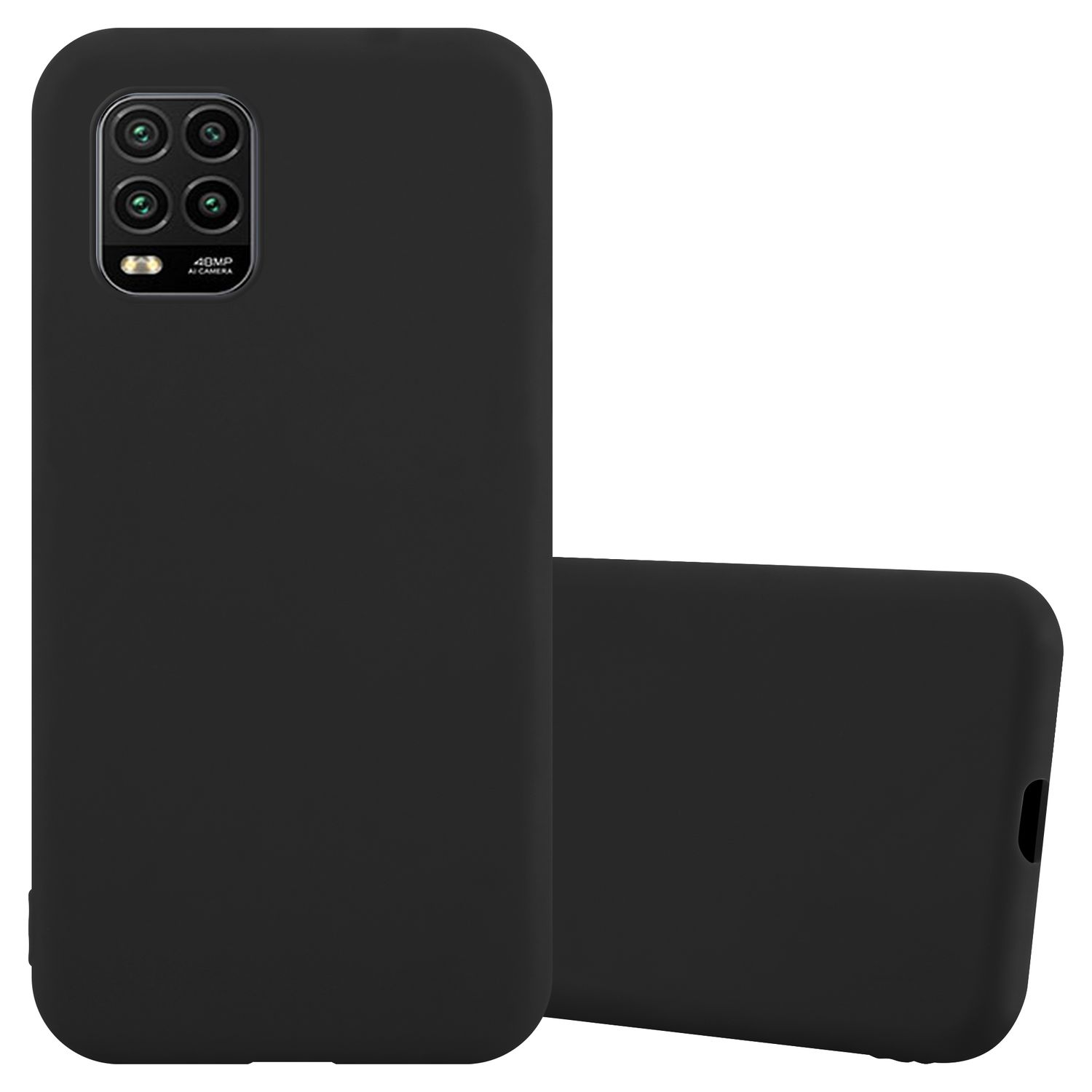 Due custodie per telefono nere, una sul retro e una sul davanti. Il retro ha ritagli per la fotocamera.