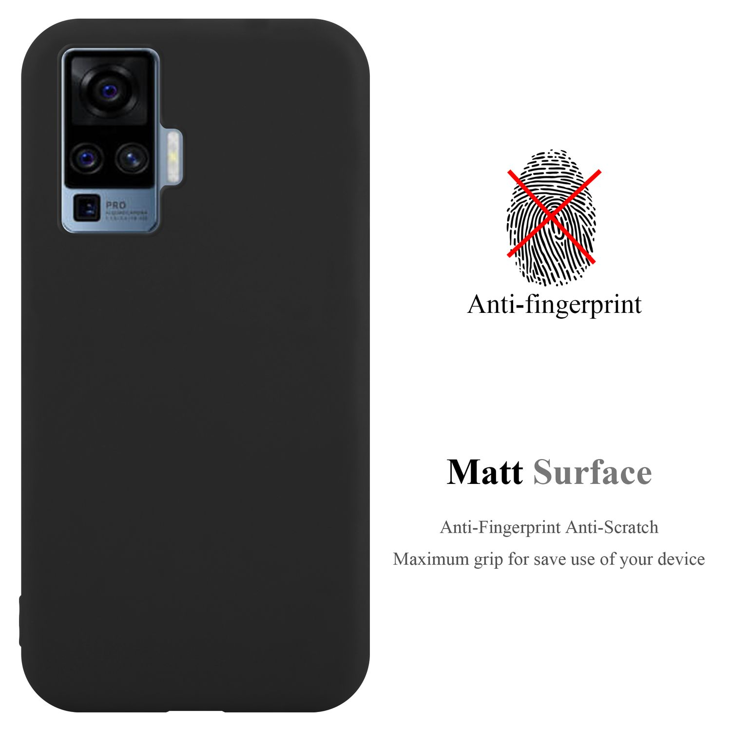 Custodia nera per telefono con testo anti-impronta e descrizione antigraffio.