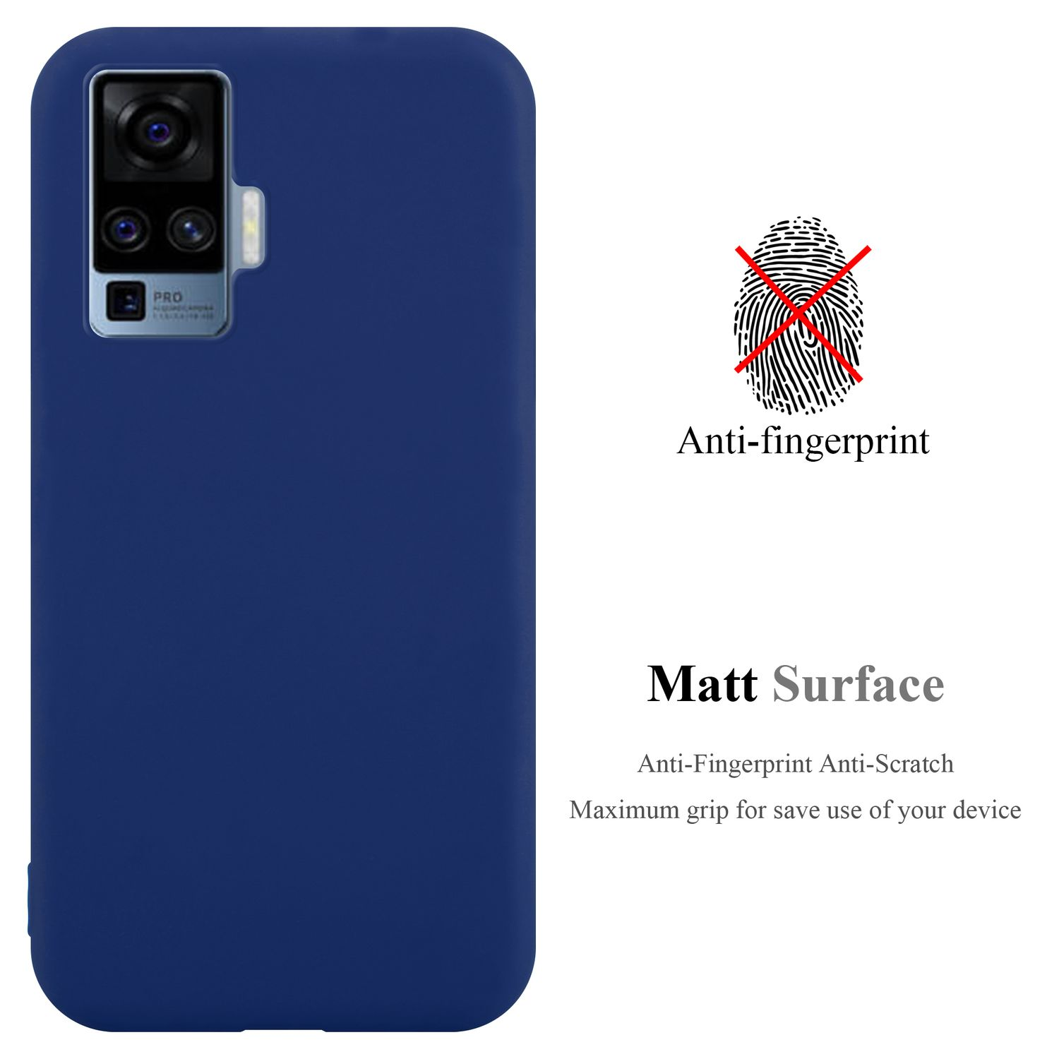 Una custodia per telefono blu scuro con le parole 'Matt Surface' e 'Anti-impronte'.