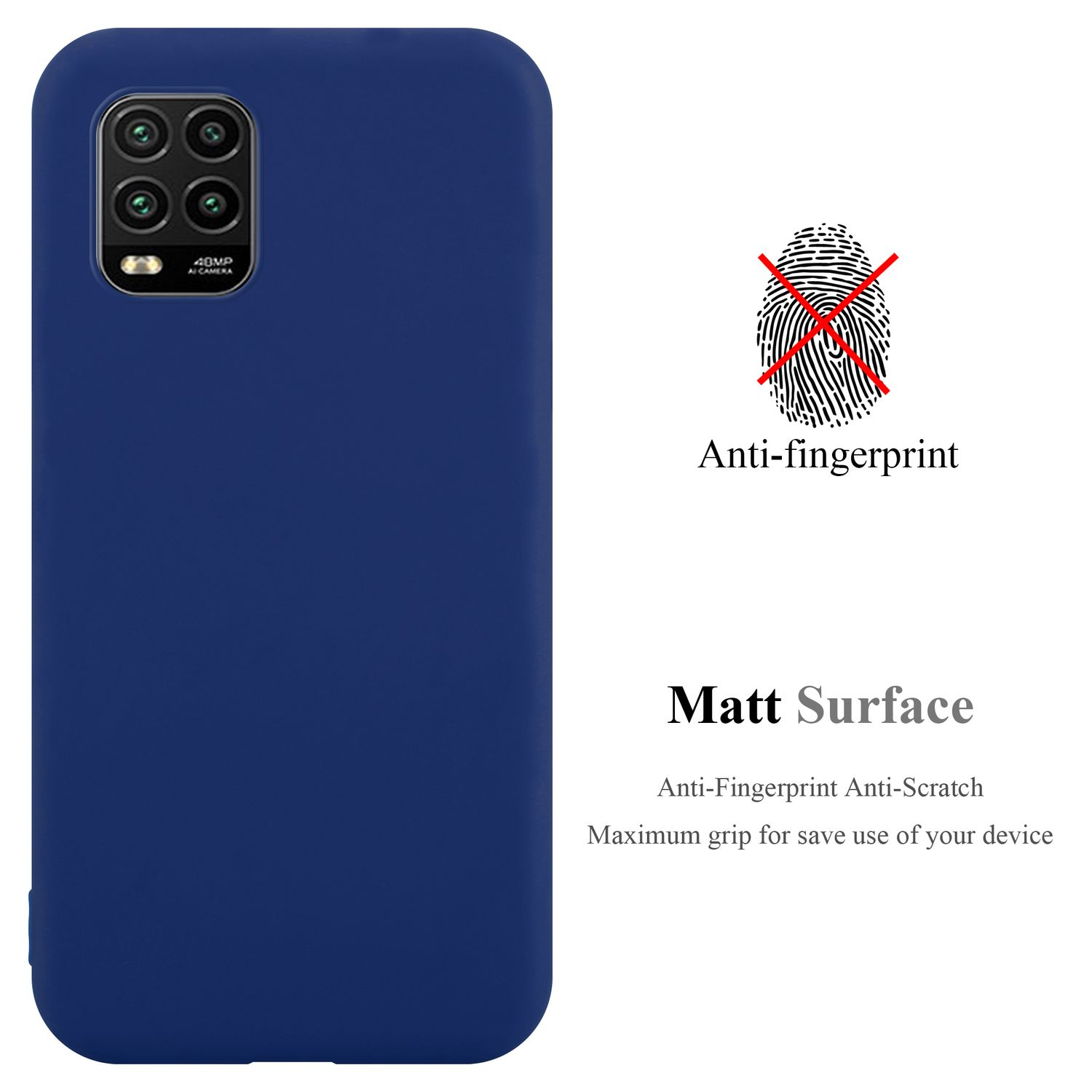 Custodia blu scuro con gruppo fotocamere. Simbolo impronta digitale barrato.